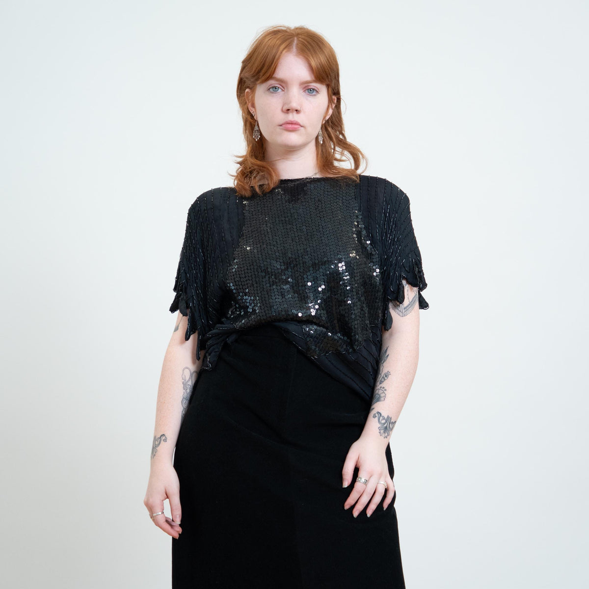 Vintage 80s Black Beaded Deco Top - Extra Large | Witchy Sequin Scarf Hem Fairy Goth Blouse