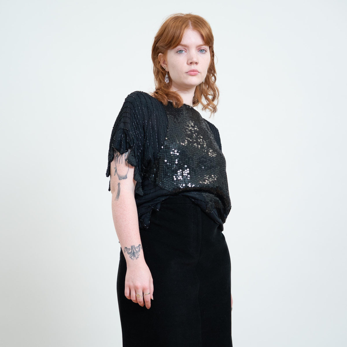 Vintage 80s Black Beaded Deco Top - Extra Large | Witchy Sequin Scarf Hem Fairy Goth Blouse