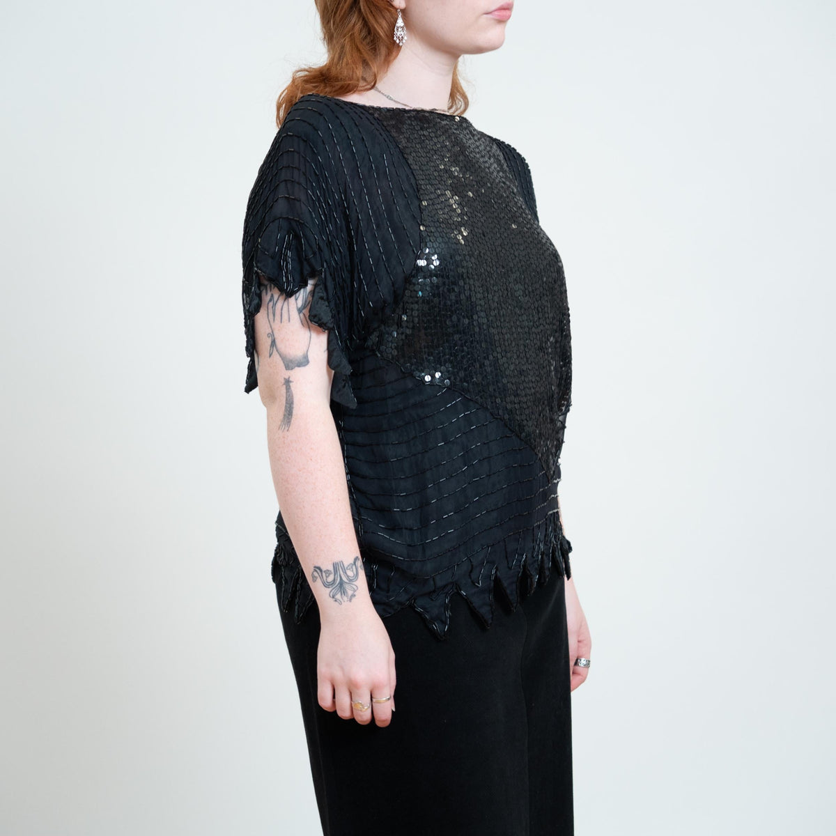 Vintage 80s Black Beaded Deco Top - Extra Large | Witchy Sequin Scarf Hem Fairy Goth Blouse