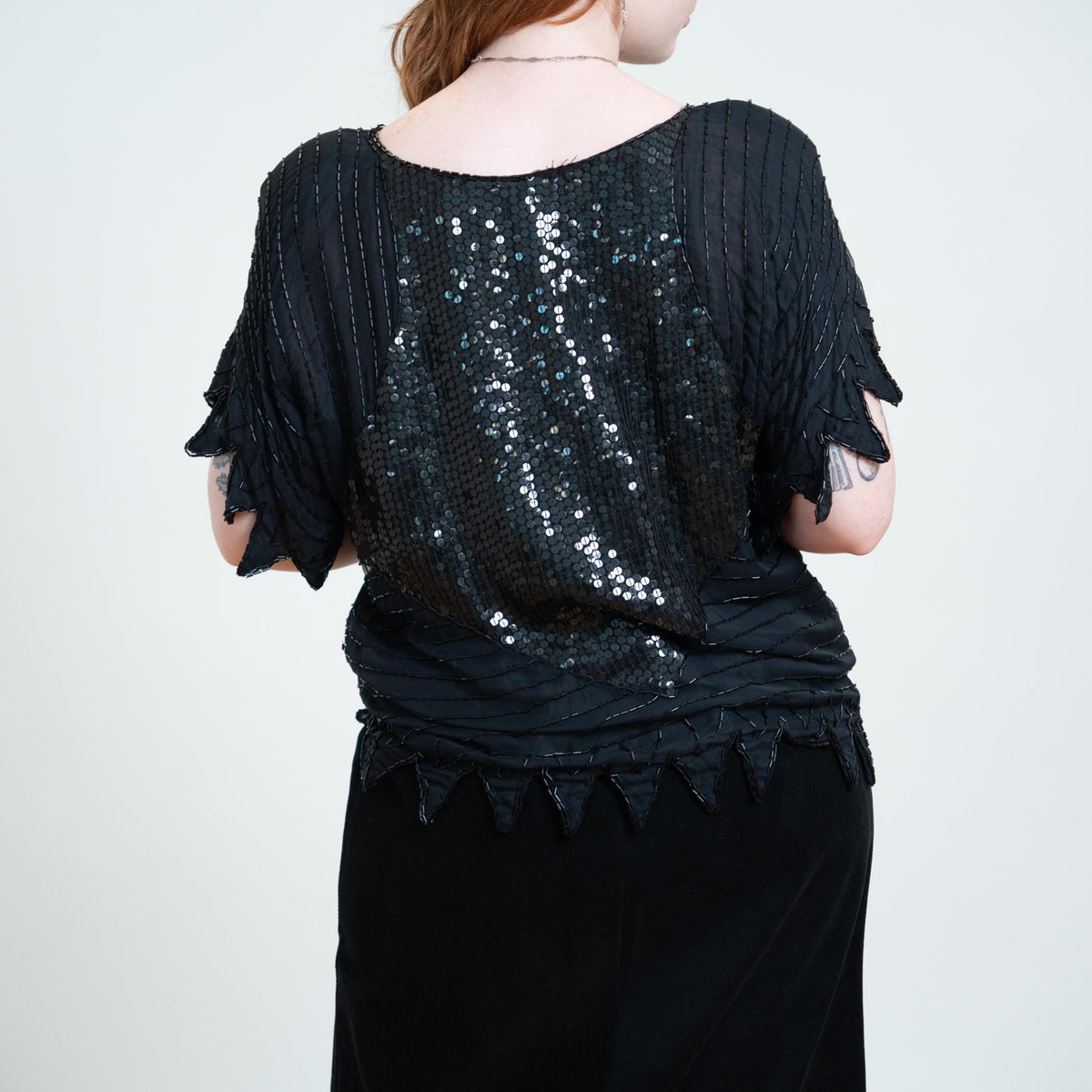 Vintage 80s Black Beaded Deco Top - Extra Large | Witchy Sequin Scarf Hem Fairy Goth Blouse