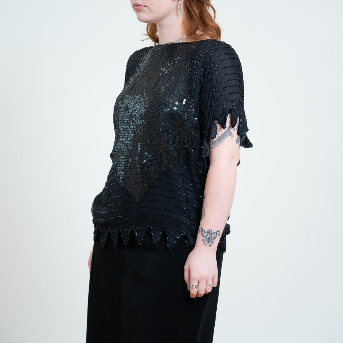 Vintage 80s Black Beaded Deco Top - Extra Large | Witchy Sequin Scarf Hem Fairy Goth Blouse