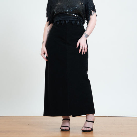 Vintage 90s Black Corduroy Maxi Skirt - Large | Minimalist Mid Rise Long Cord Skirt