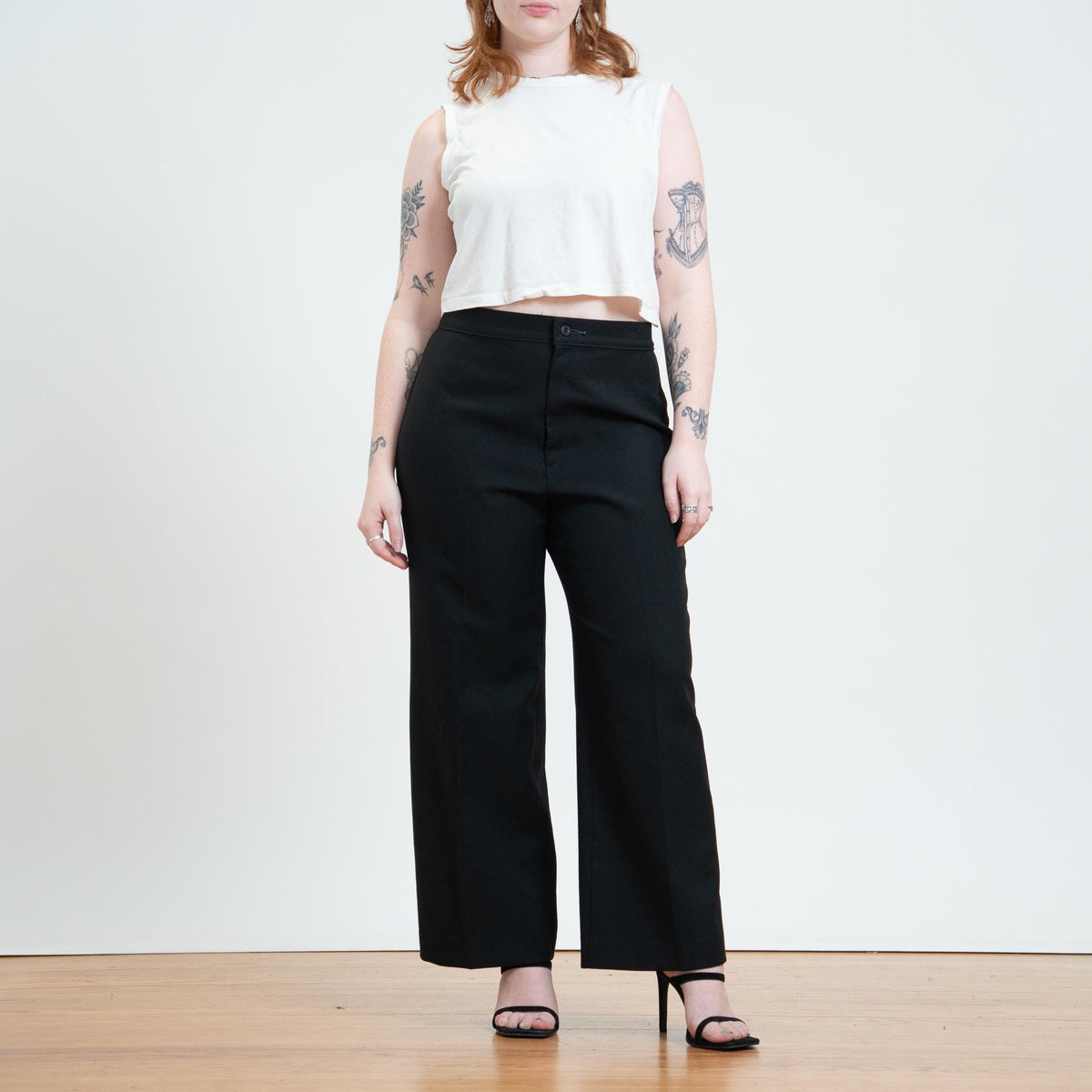 Vintage 70s Levi's Black High Waisted Trousers - Large, 31" Waist | Minimalist Flat Front Bootcut Polyester Pants