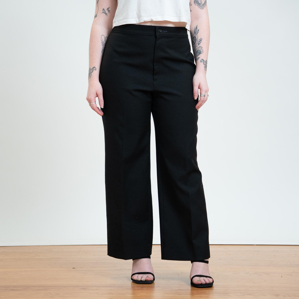 Vintage 70s Levi's Black High Waisted Trousers - Large, 31" Waist | Minimalist Flat Front Bootcut Polyester Pants
