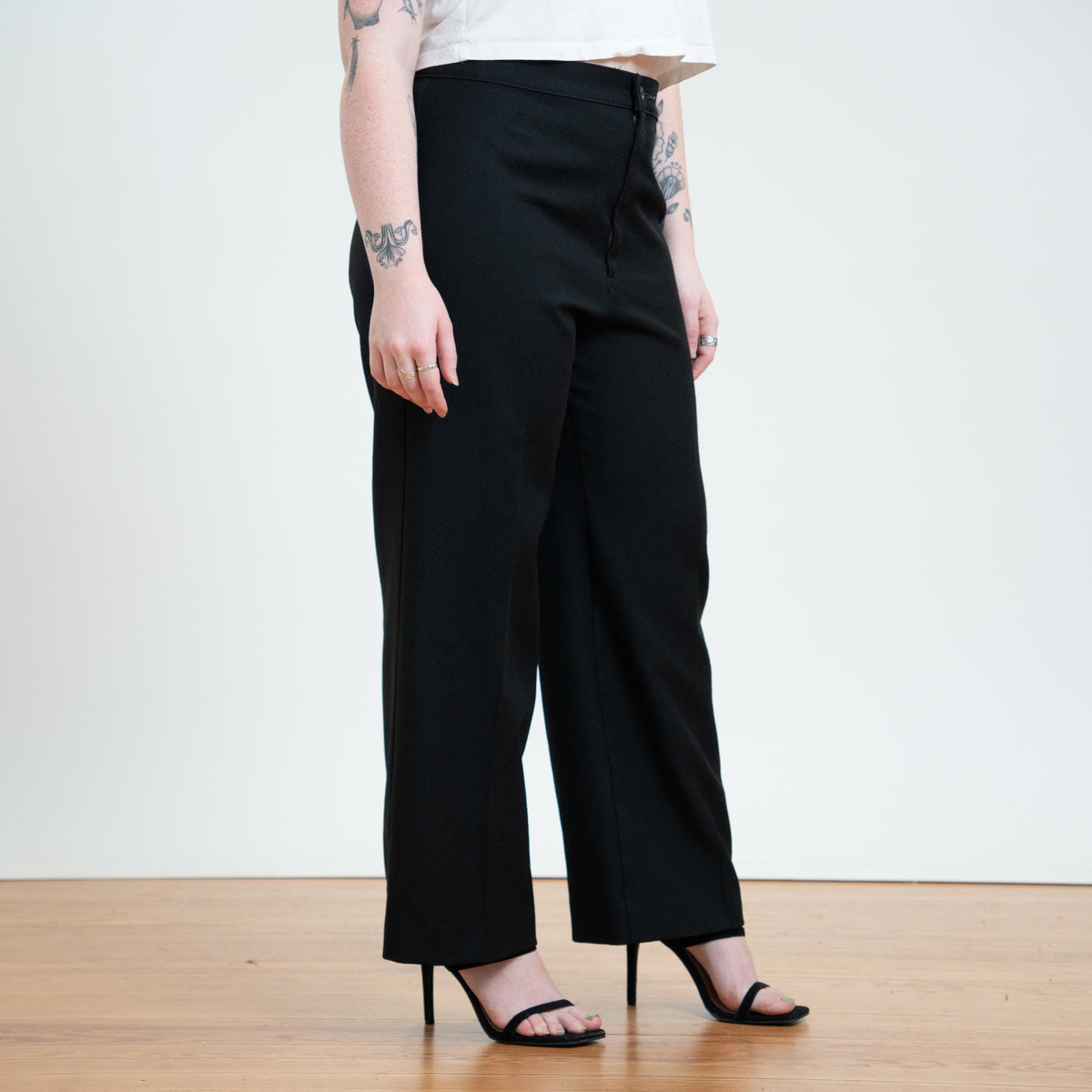 Vintage 70s Levi's Black High Waisted Trousers - Large, 31" Waist | Minimalist Flat Front Bootcut Polyester Pants
