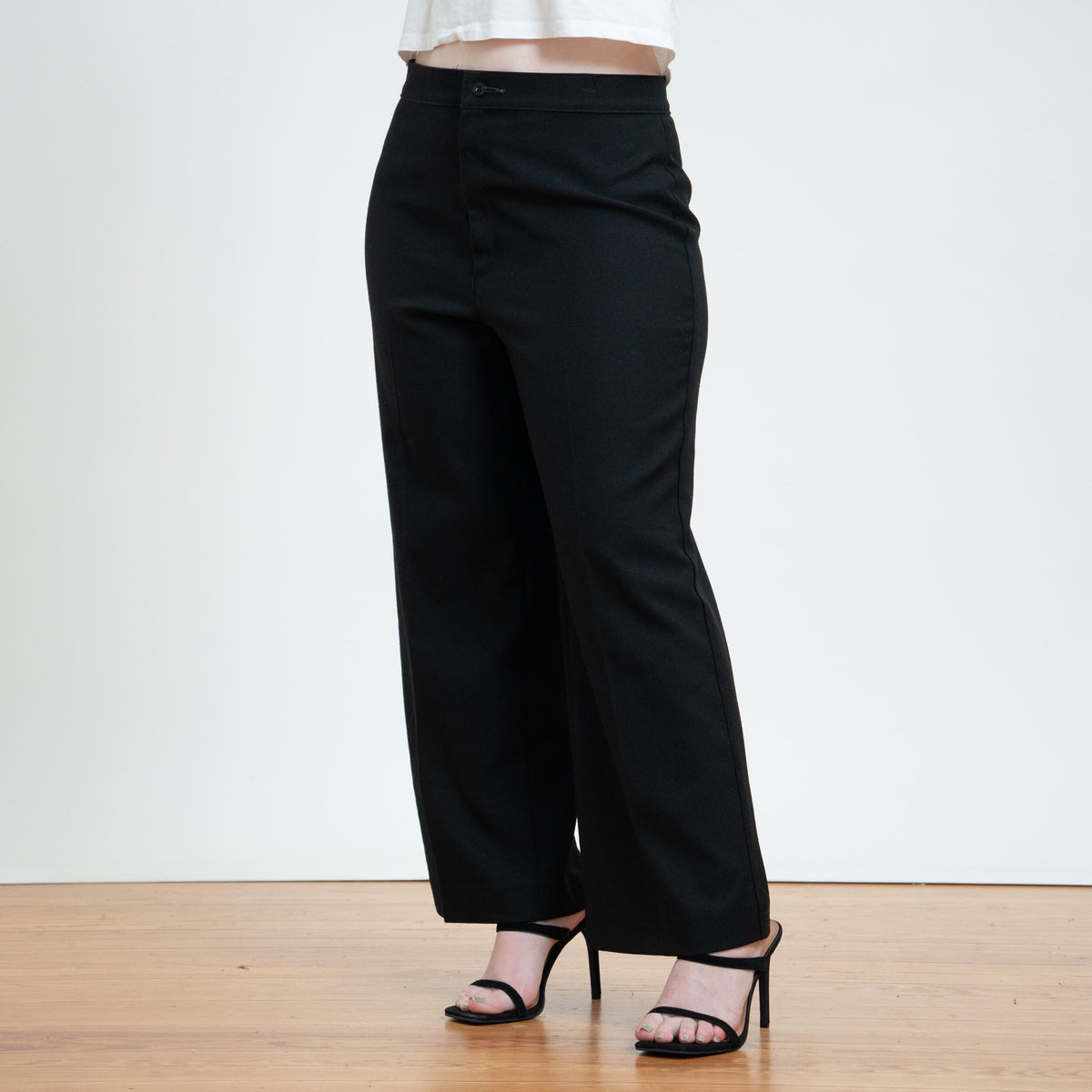Vintage 70s Levi's Black High Waisted Trousers - Large, 31" Waist | Minimalist Flat Front Bootcut Polyester Pants