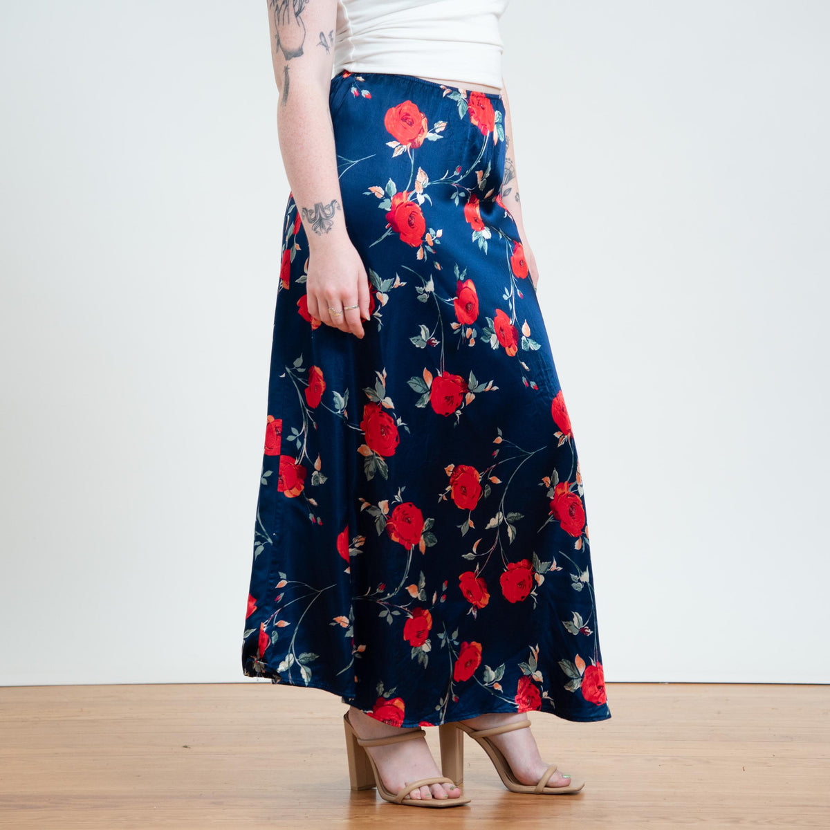 Vintage 90s Midnight Blue Satin Rose Floral Maxi Skirt - Medium to Large | High Waisted Slip Skirt