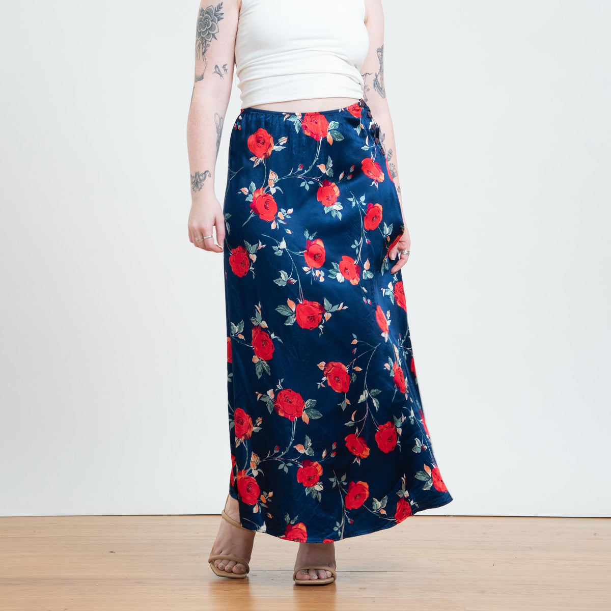 Vintage 90s Midnight Blue Satin Rose Floral Maxi Skirt - Medium to Large | High Waisted Slip Skirt