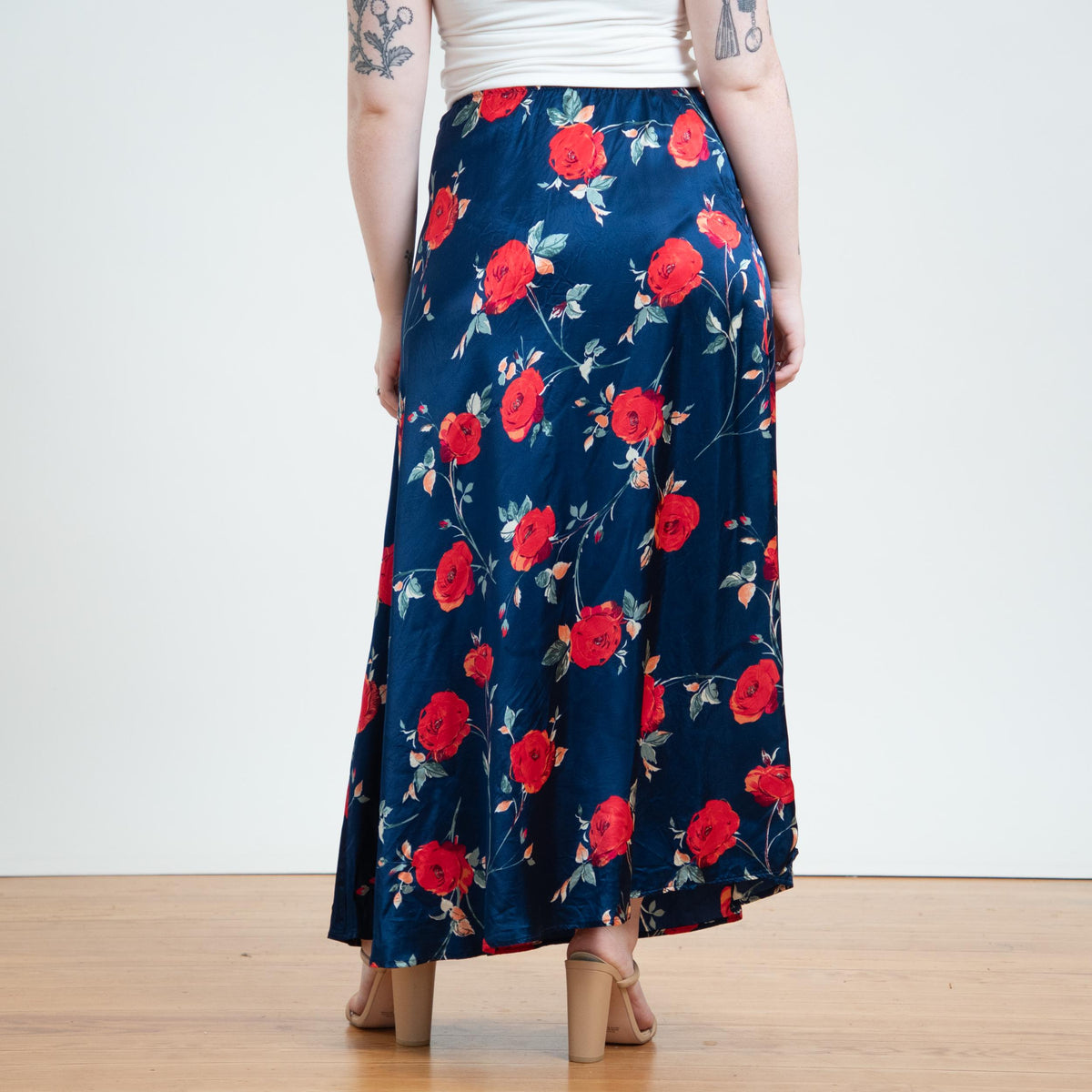 Vintage 90s Midnight Blue Satin Rose Floral Maxi Skirt - Medium to Large | High Waisted Slip Skirt