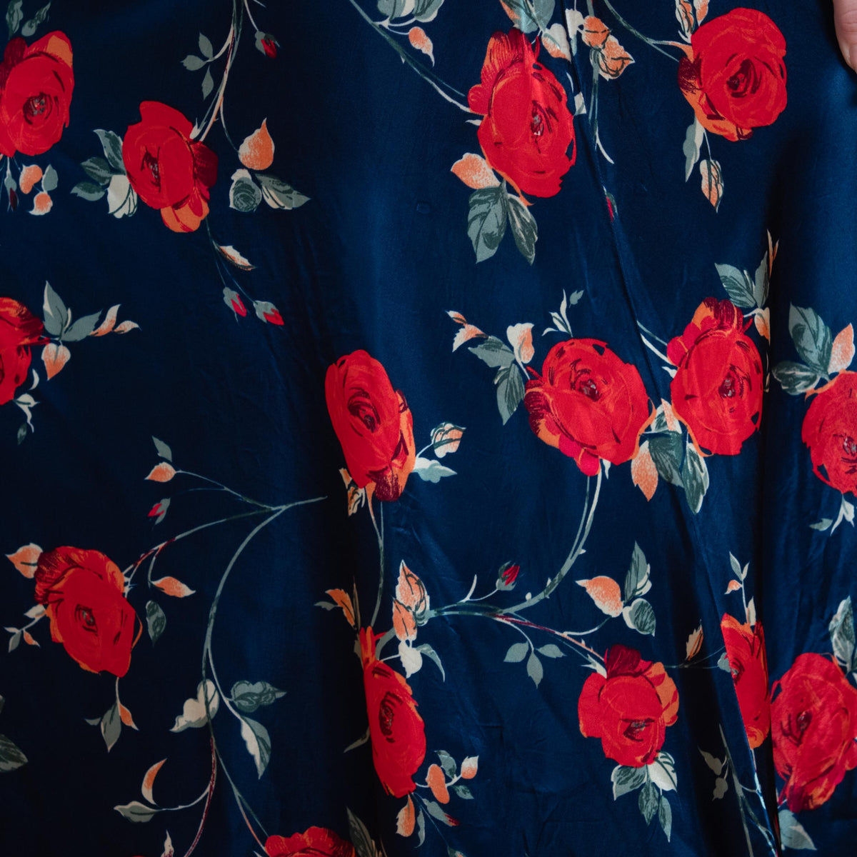Vintage 90s Midnight Blue Satin Rose Floral Maxi Skirt - Medium to Large | High Waisted Slip Skirt