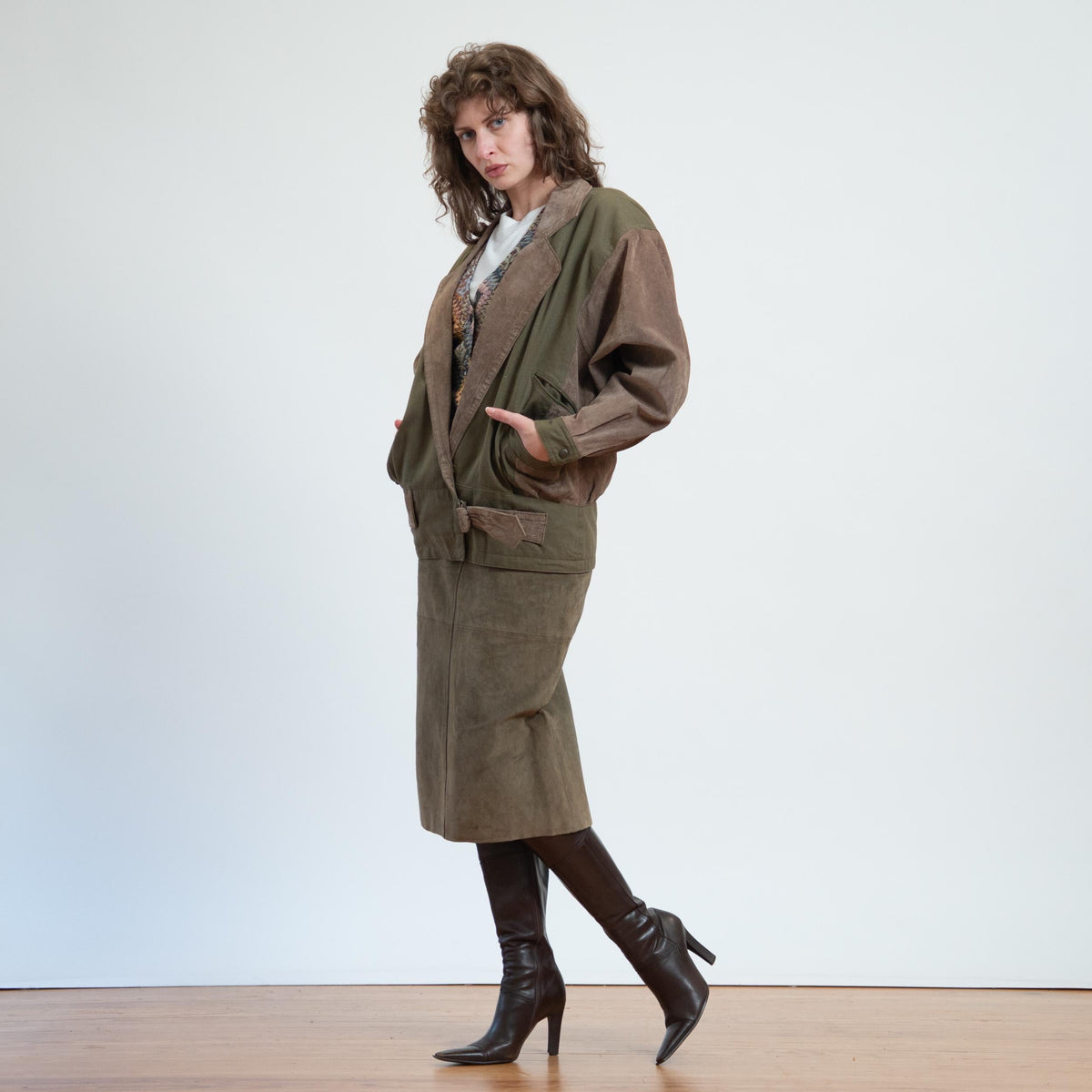 Vintage 80s New Wave Olive Suede Jacket & Skirt Set - Medium | Leather Matching Outfit