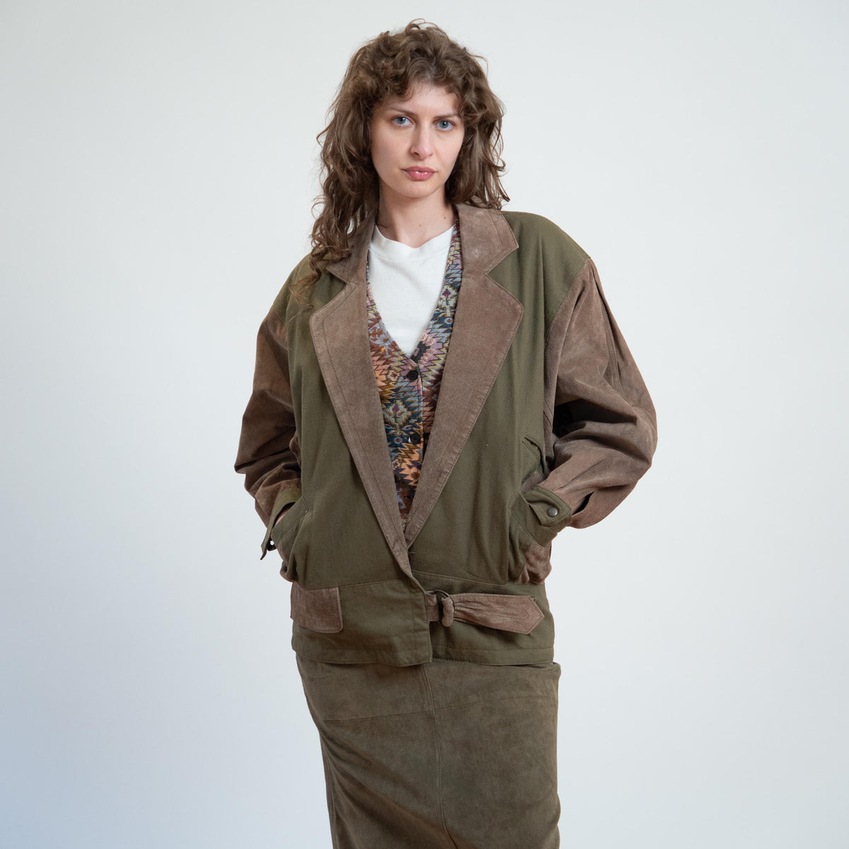 Vintage 80s New Wave Olive Suede Jacket & Skirt Set - Medium | Leather Matching Outfit
