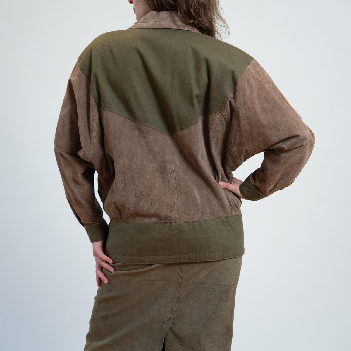 Vintage 80s New Wave Olive Suede Jacket & Skirt Set - Medium | Leather Matching Outfit
