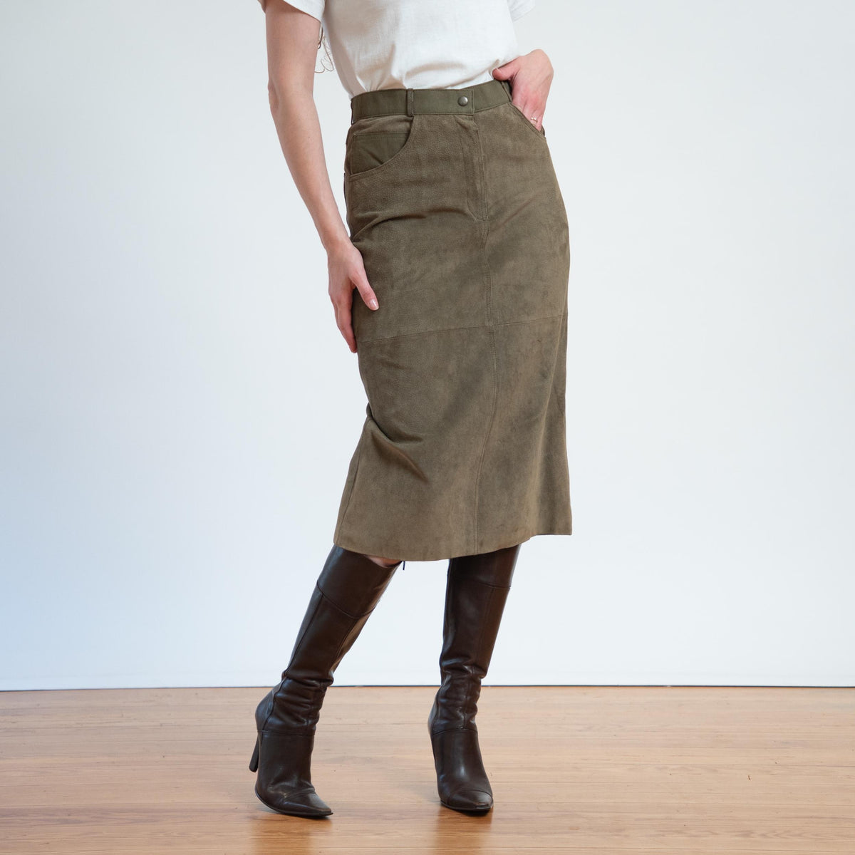 Vintage 80s New Wave Olive Suede Jacket & Skirt Set - Medium | Leather Matching Outfit