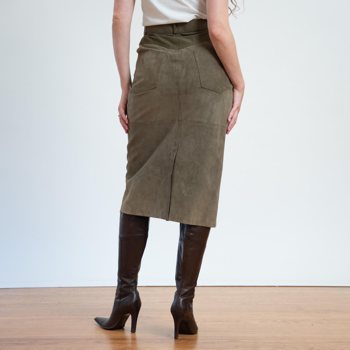 Vintage 80s New Wave Olive Suede Jacket & Skirt Set - Medium | Leather Matching Outfit