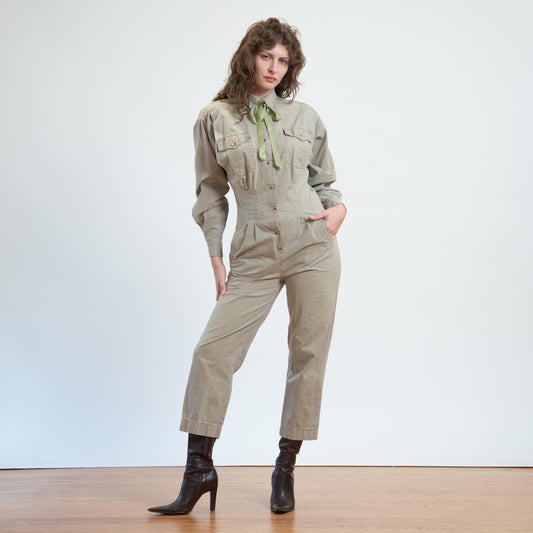 Vintage 80s Banana Republic Safari Jumpsuit - Large | Khaki Coverall Pantsuit