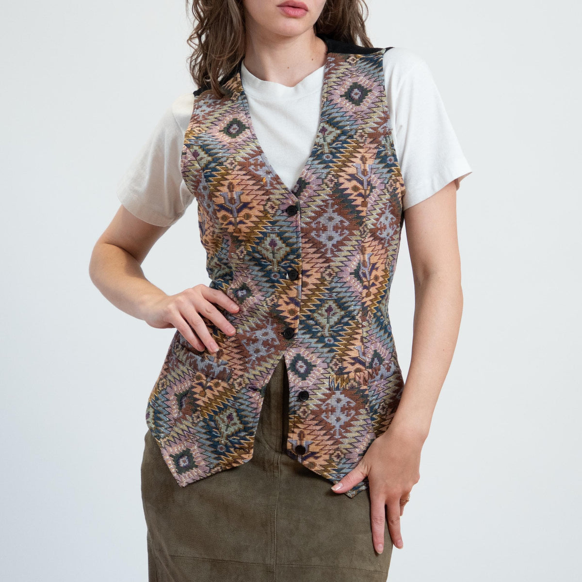 Vintage 80s Southwestern Geometric Tapestry Vest - Medium | Boho Sleeveless Button Up Waistcoat Top