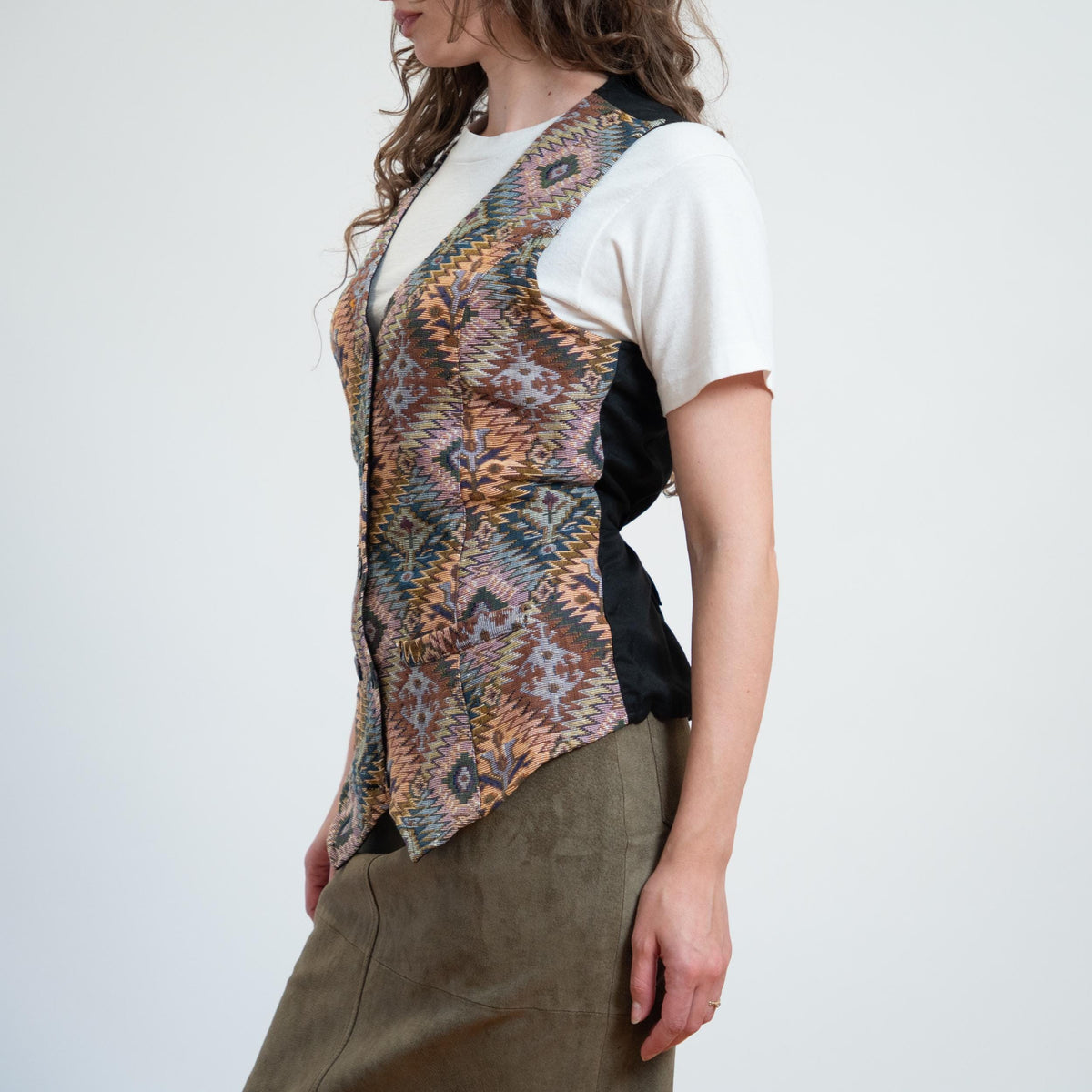 Vintage 80s Southwestern Geometric Tapestry Vest - Medium | Boho Sleeveless Button Up Waistcoat Top