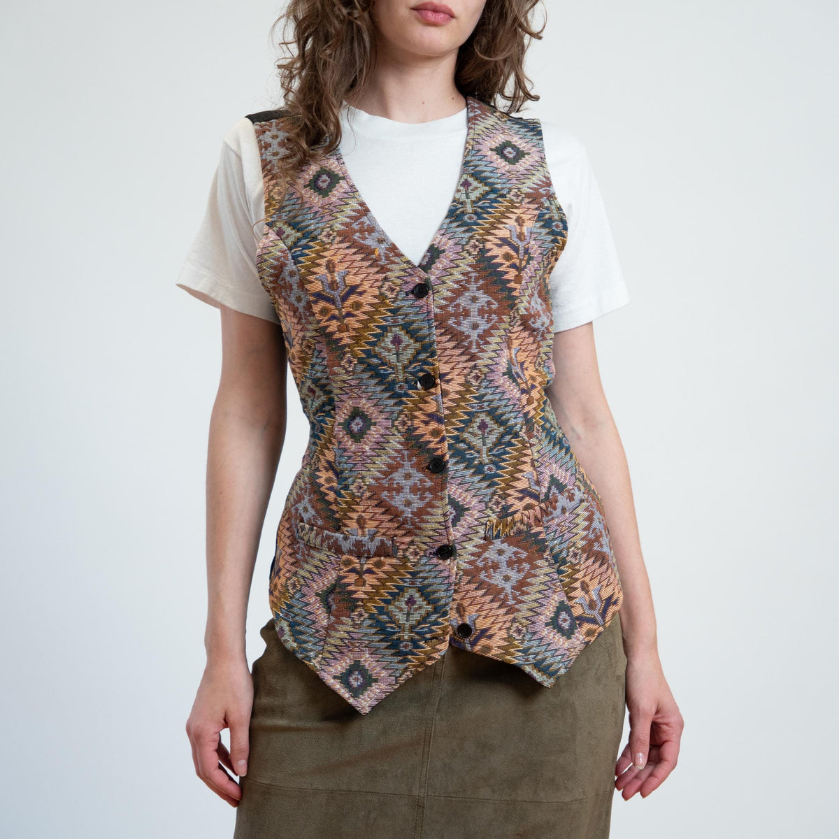 Vintage 80s Southwestern Geometric Tapestry Vest - Medium | Boho Sleeveless Button Up Waistcoat Top