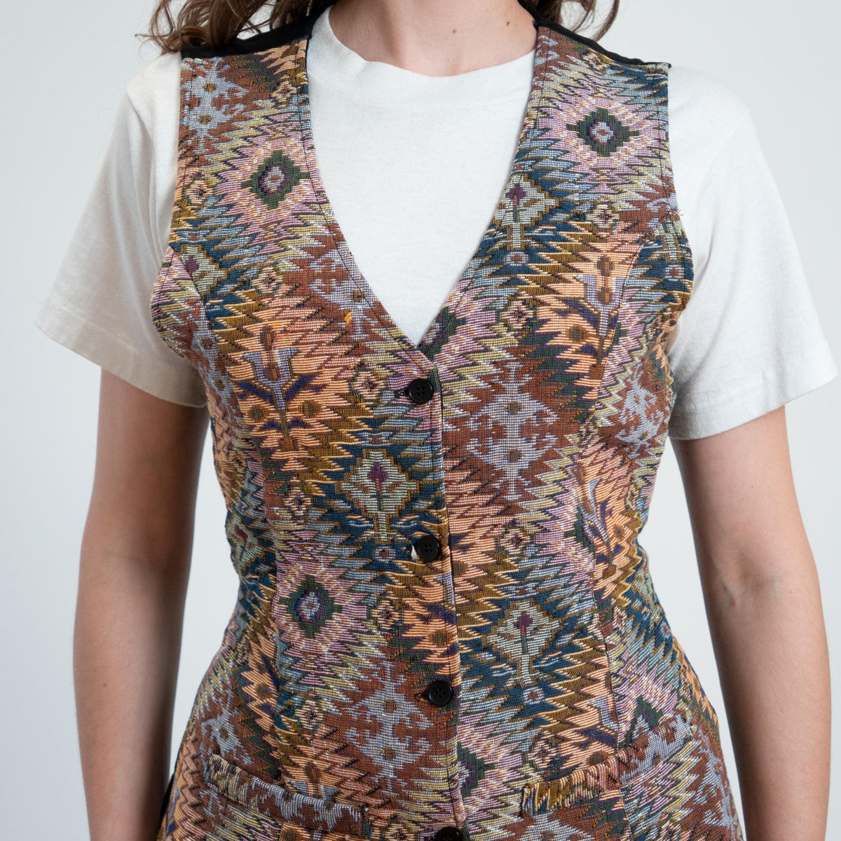 Vintage 80s Southwestern Geometric Tapestry Vest - Medium | Boho Sleeveless Button Up Waistcoat Top