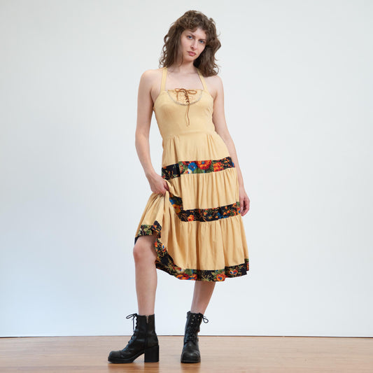 Vintage 70s Young Edwardian Butter Yellow Prairie Dress - Extra Small | Boho Floral Tiered Cross Back Midi Sundress