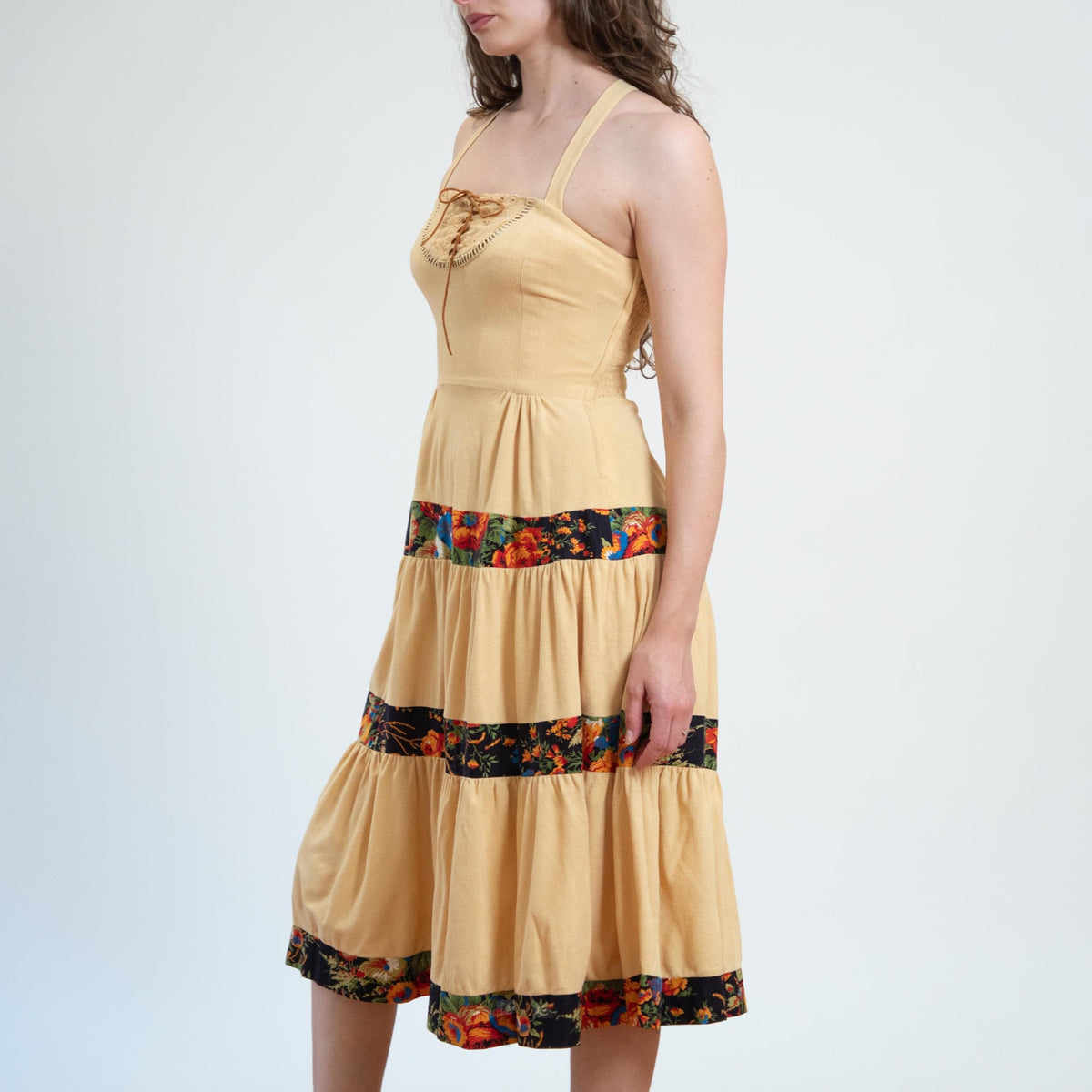 Vintage 70s Young Edwardian Butter Yellow Prairie Dress - Extra Small | Boho Floral Tiered Cross Back Midi Sundress