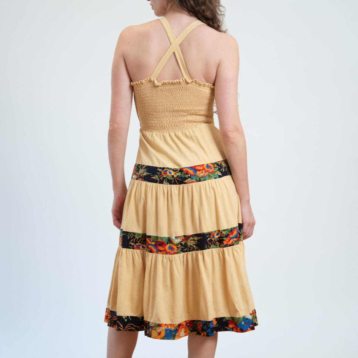 Vintage 70s Young Edwardian Butter Yellow Prairie Dress - Extra Small | Boho Floral Tiered Cross Back Midi Sundress