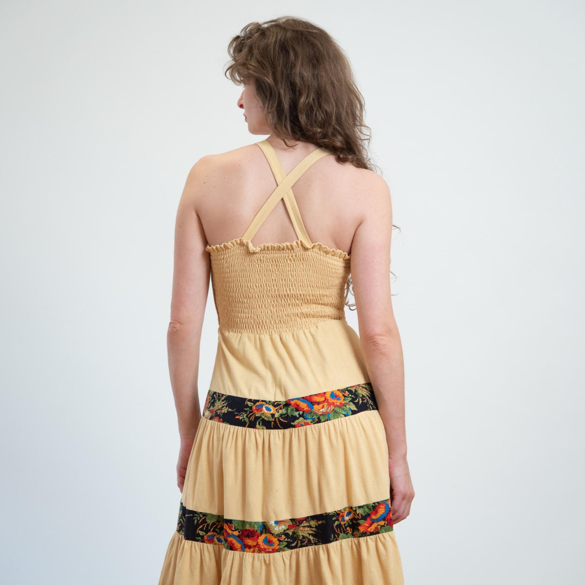 Vintage 70s Young Edwardian Butter Yellow Prairie Dress - Extra Small | Boho Floral Tiered Cross Back Midi Sundress