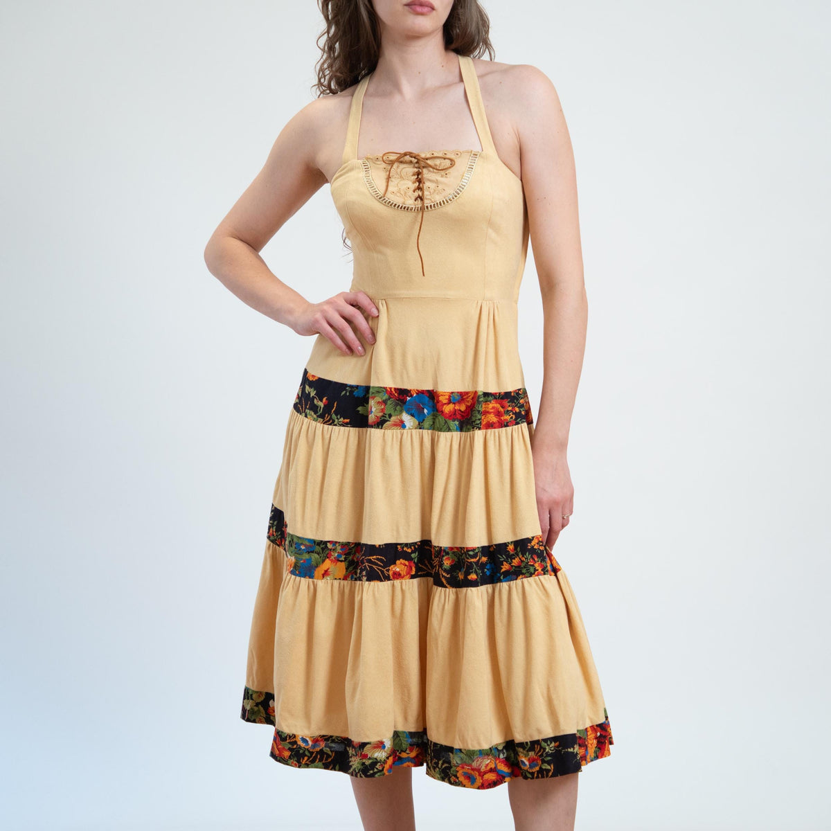 Vintage 70s Young Edwardian Butter Yellow Prairie Dress - Extra Small | Boho Floral Tiered Cross Back Midi Sundress