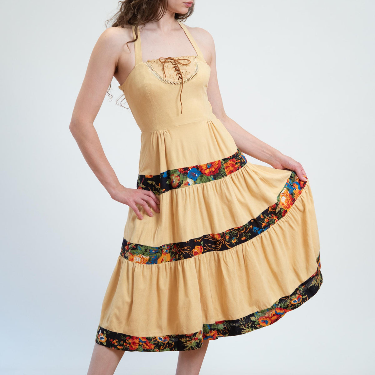 Vintage 70s Young Edwardian Butter Yellow Prairie Dress - Extra Small | Boho Floral Tiered Cross Back Midi Sundress