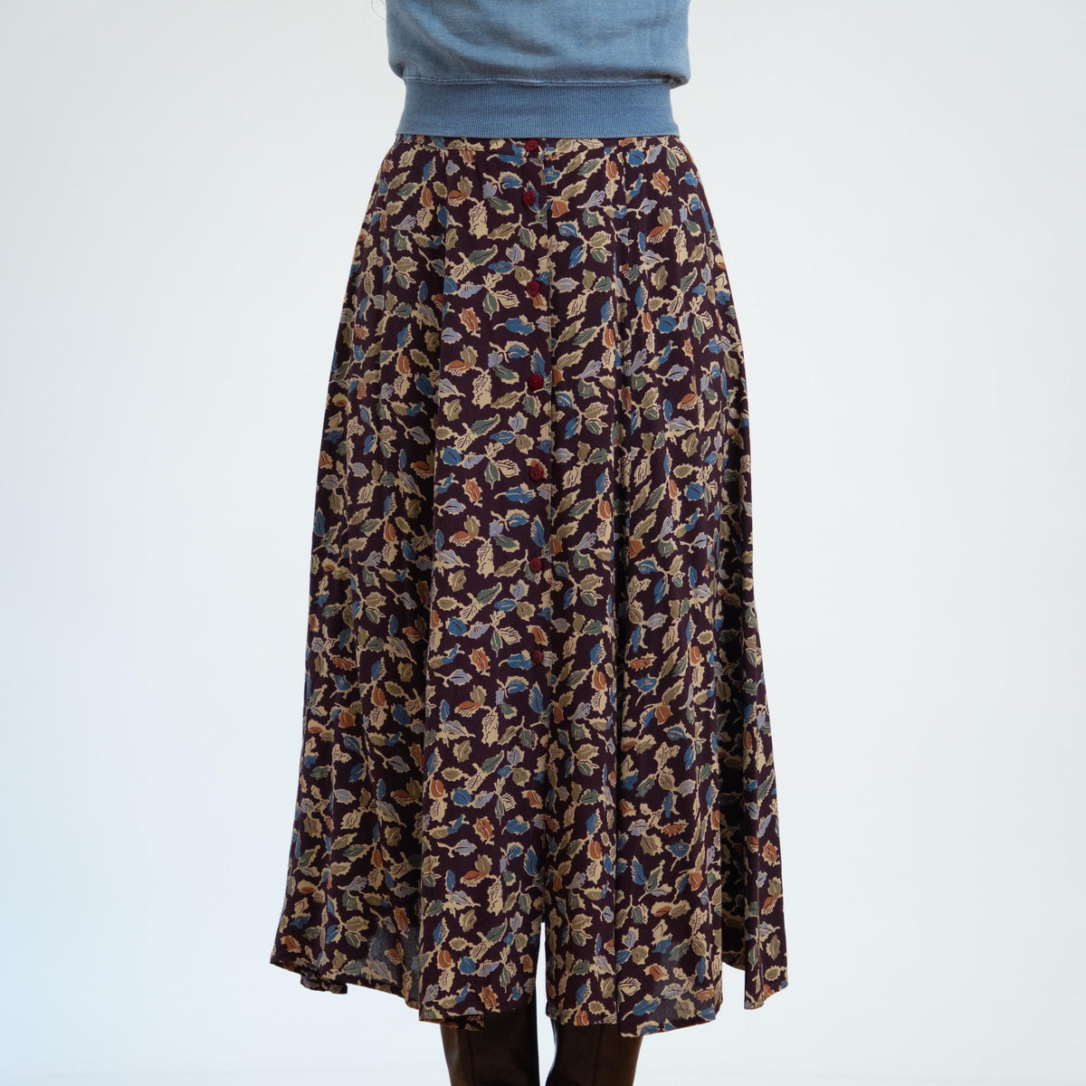 Vintage 90s Autumn Leaves Midi Skirt - Small, 27" Waist | Boho Button Front Rayon Skirt