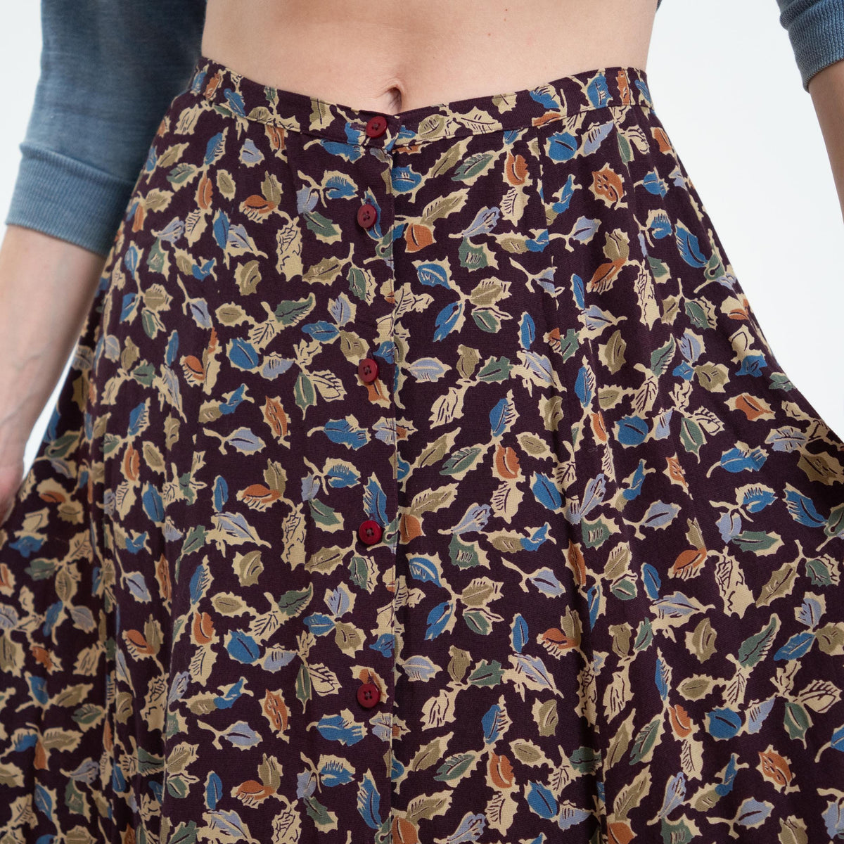 Vintage 90s Autumn Leaves Midi Skirt - Small, 27" Waist | Boho Button Front Rayon Skirt