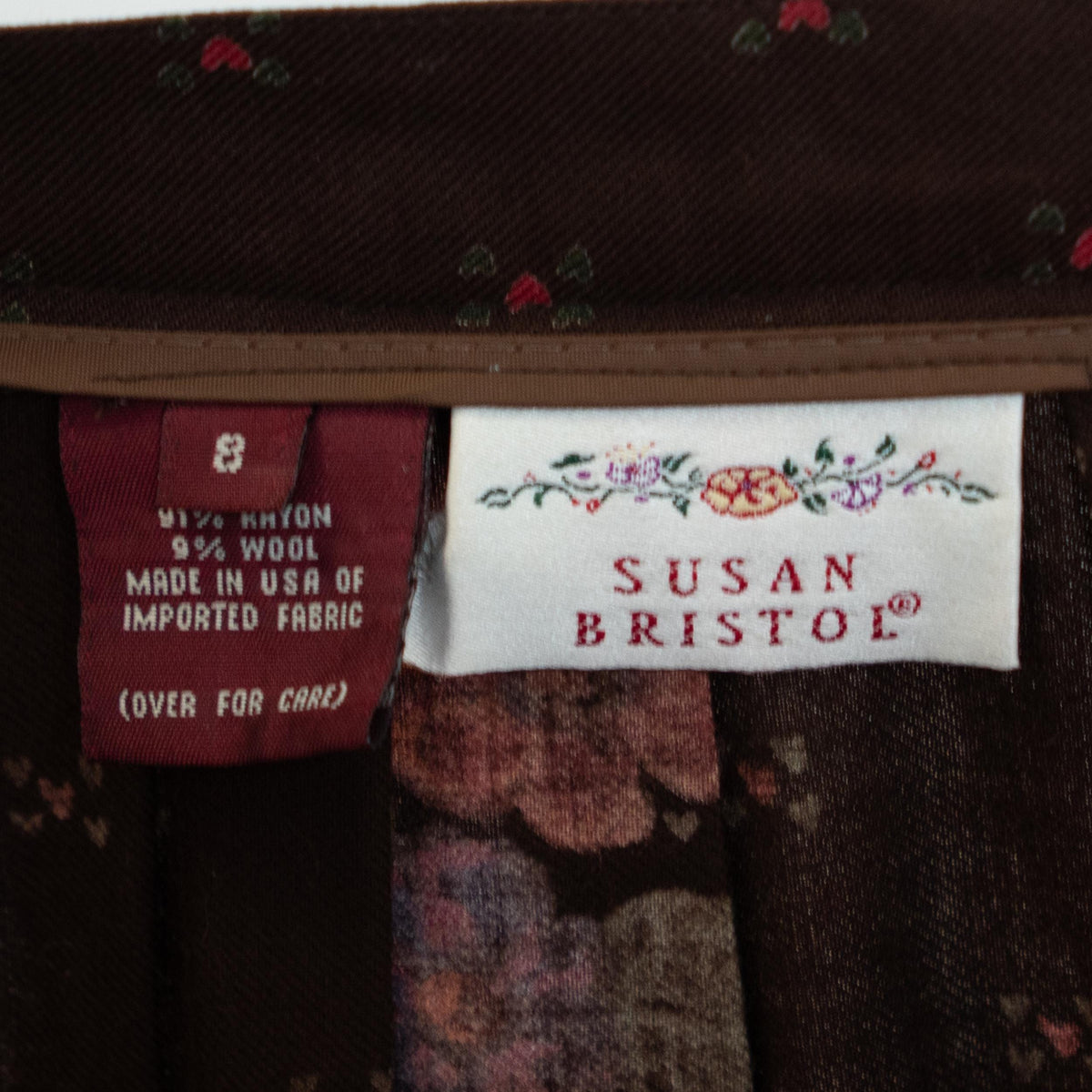 Vintage 80s Susan Bristol Brown Floral Midi Skirt - Medium, 27.5" Waist | Boho High Waisted Pleated Skirt With Pockets