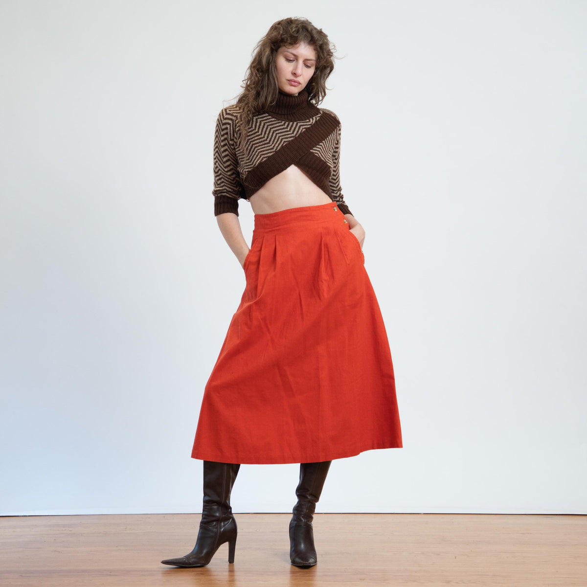 Vintage 80s Burnt Orange Linen Blend Midi Skirt - Small, 27" Waist | Buckle Back A Line Skirt
