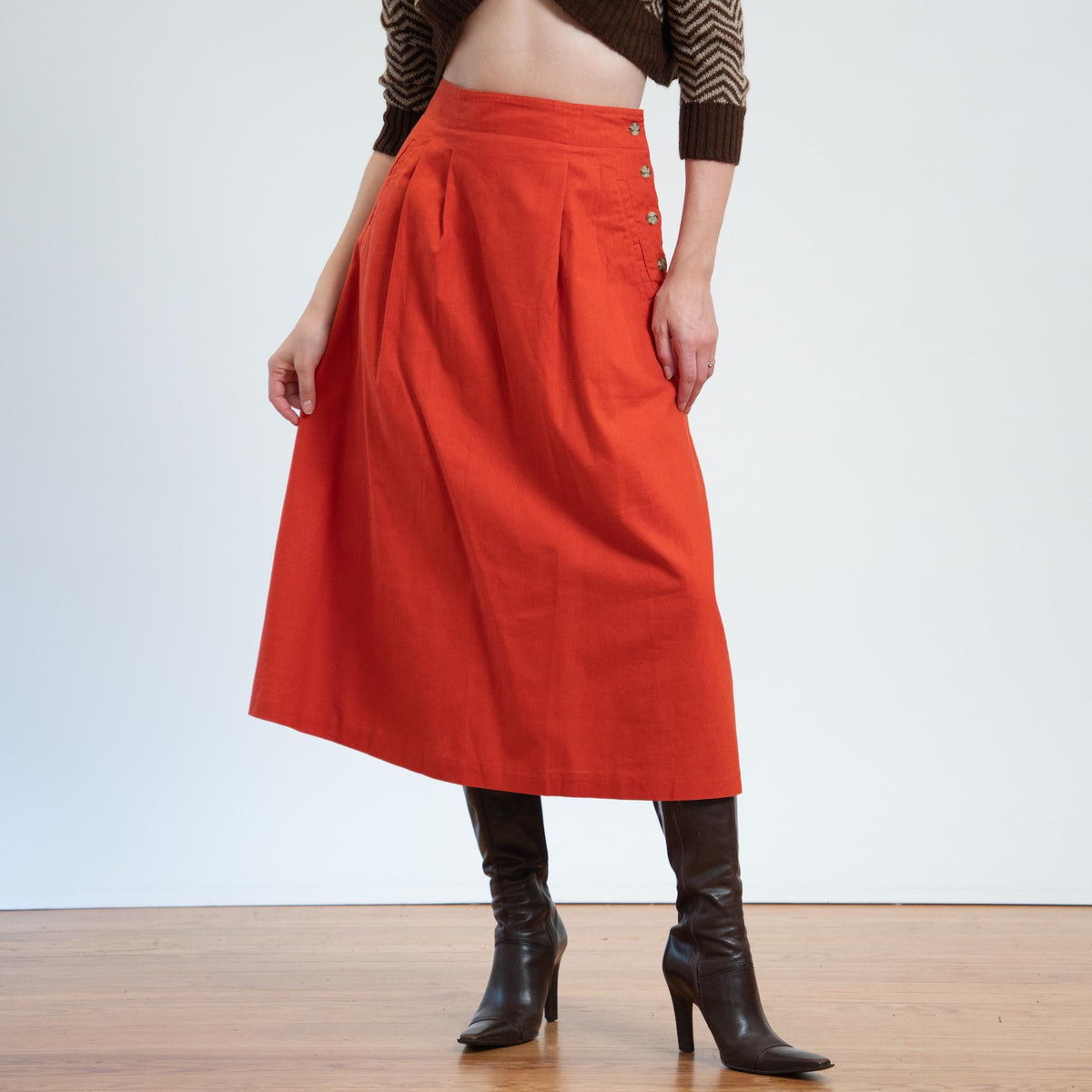 Vintage 80s Burnt Orange Linen Blend Midi Skirt - Small, 27" Waist | Buckle Back A Line Skirt