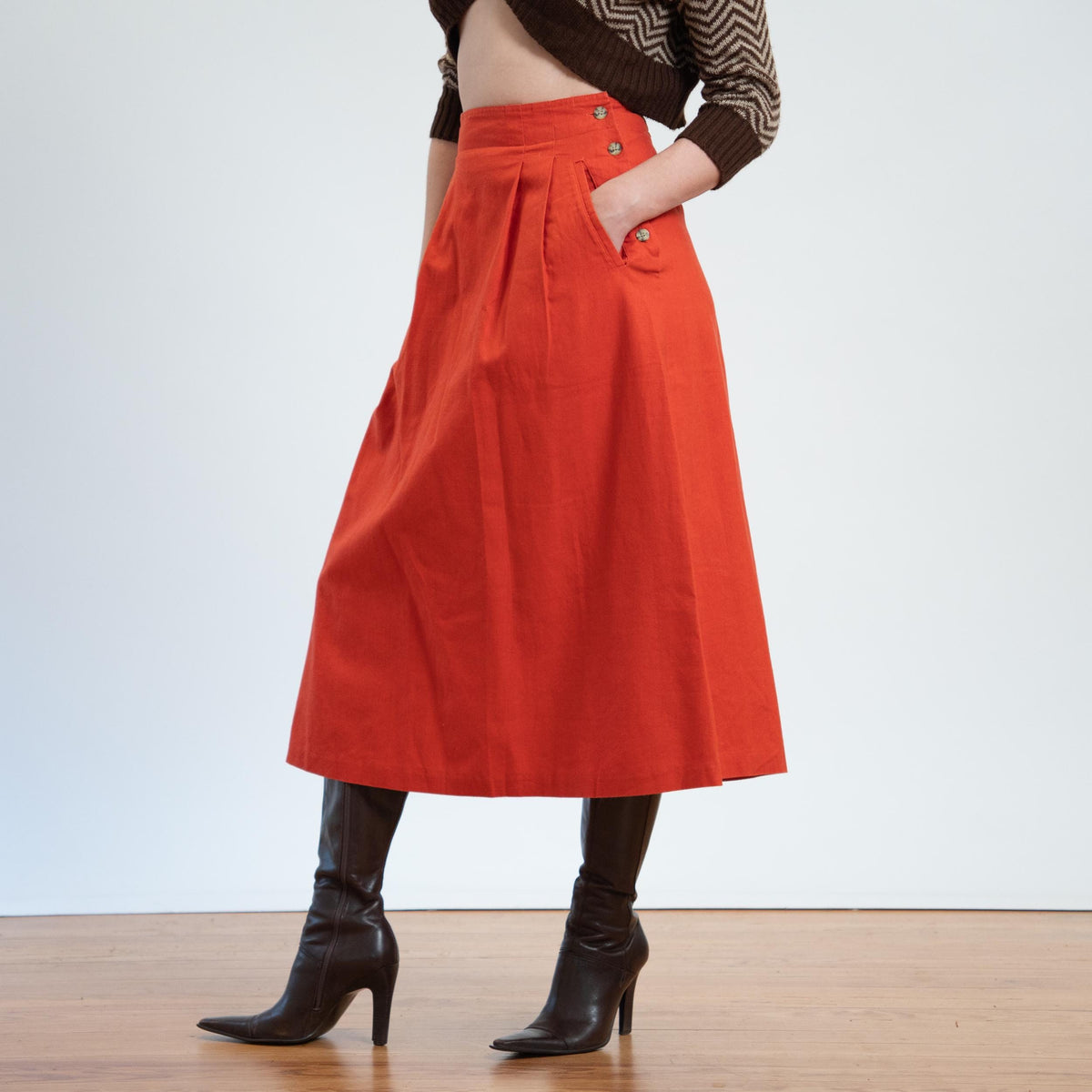 Vintage 80s Burnt Orange Linen Blend Midi Skirt - Small, 27" Waist | Buckle Back A Line Skirt