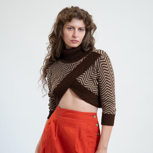 Vintage Y2K Brown Chevron Cross Front Bolero Shrug - Small to Medium | Turtleneck Crop Top Sweater