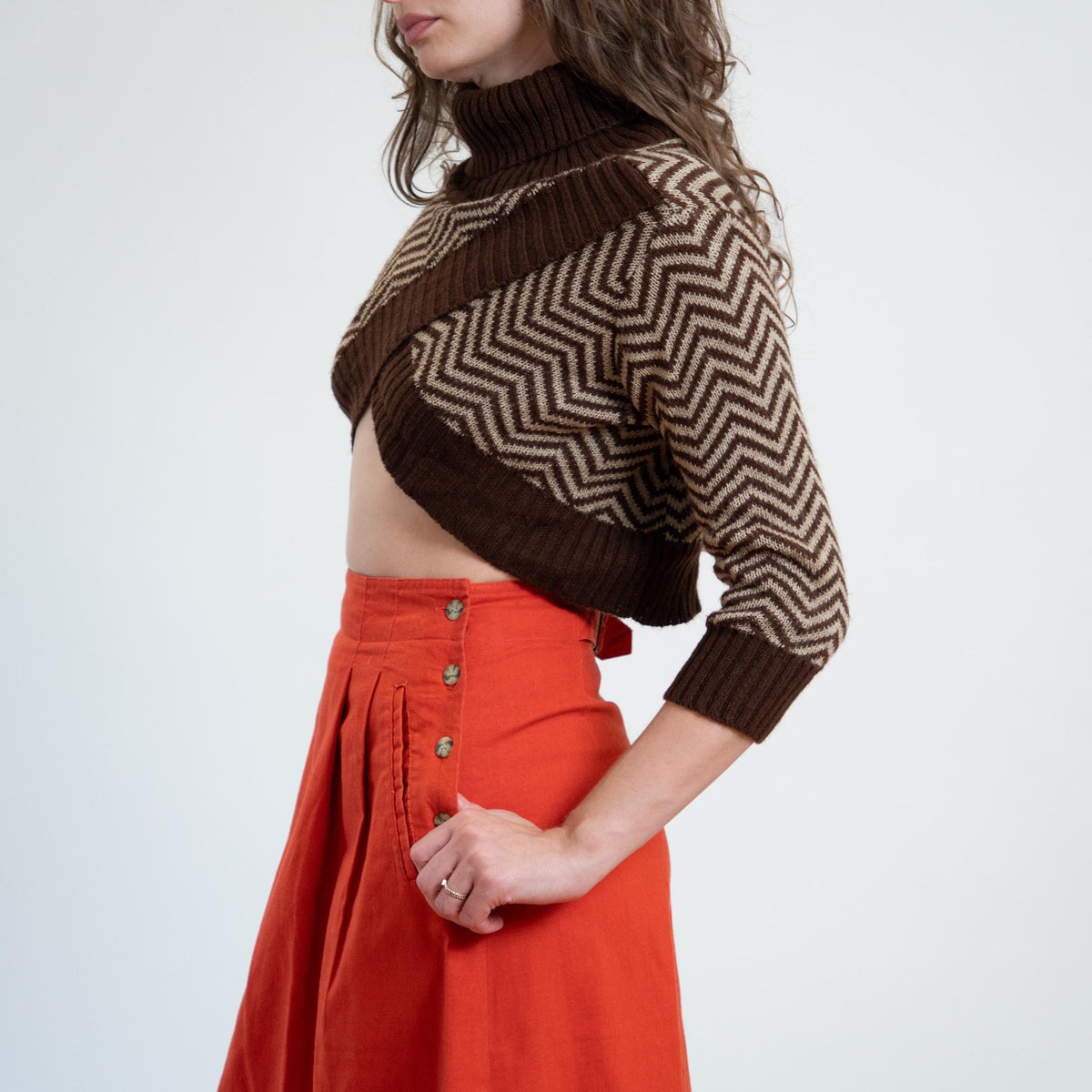 Vintage Y2K Brown Chevron Cross Front Bolero Shrug - Small to Medium | Turtleneck Crop Top Sweater