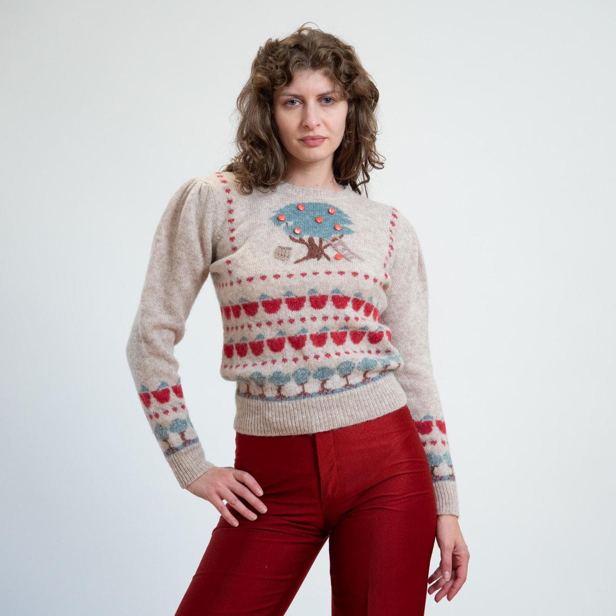 Vintage 80s Susan Bristol Apple Picking Novelty Sweater - Medium | Cottagecore Shetland Wool Pullover Jumper