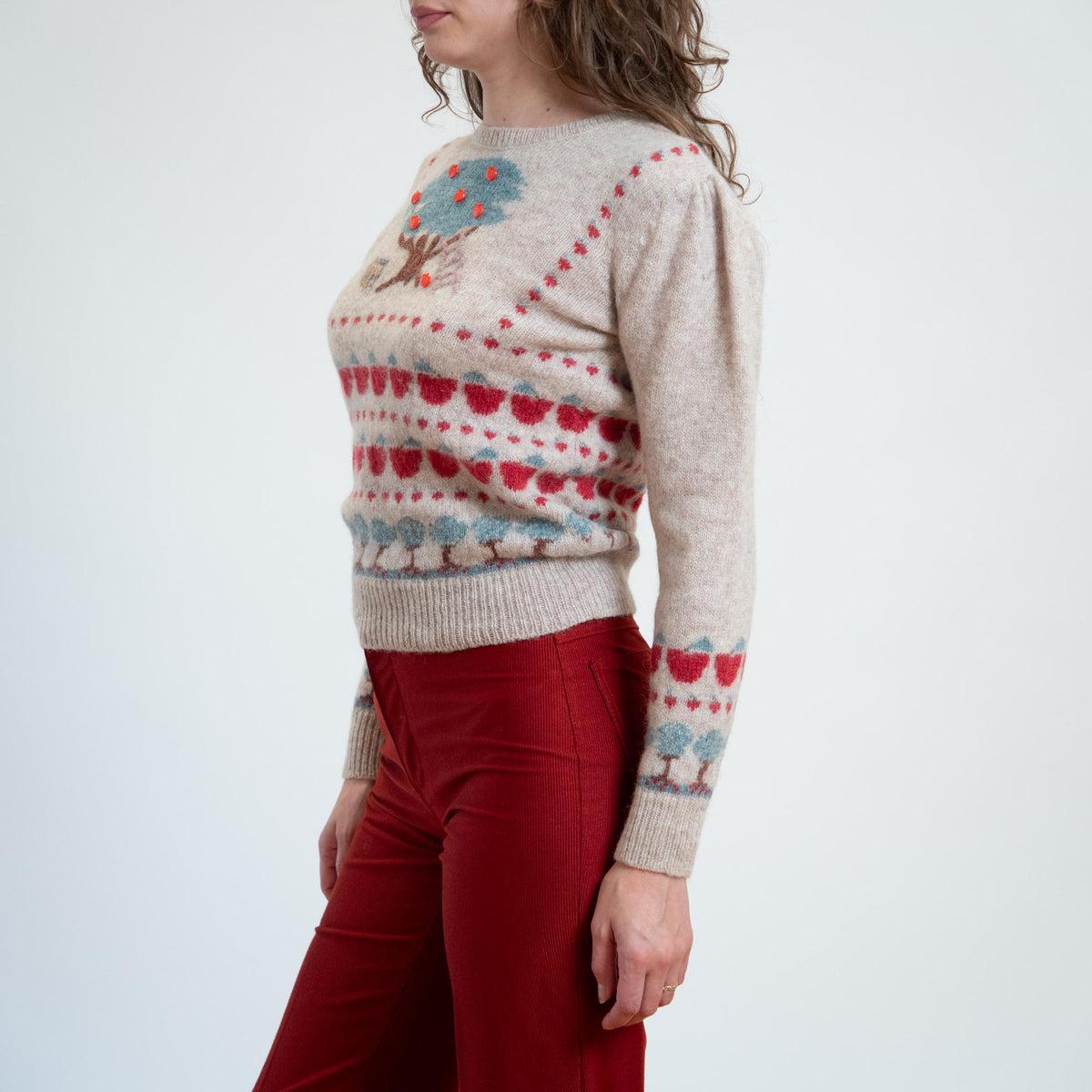 Vintage 80s Susan Bristol Apple Picking Novelty Sweater - Medium | Cottagecore Shetland Wool Pullover Jumper