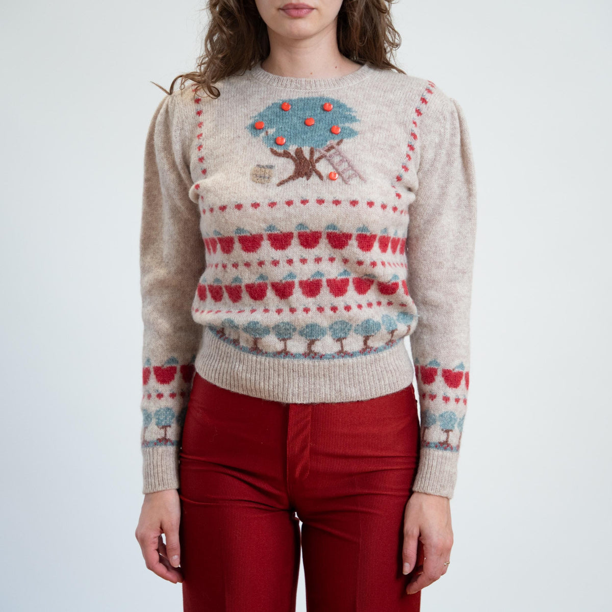 Vintage 80s Susan Bristol Apple Picking Novelty Sweater - Medium | Cottagecore Shetland Wool Pullover Jumper