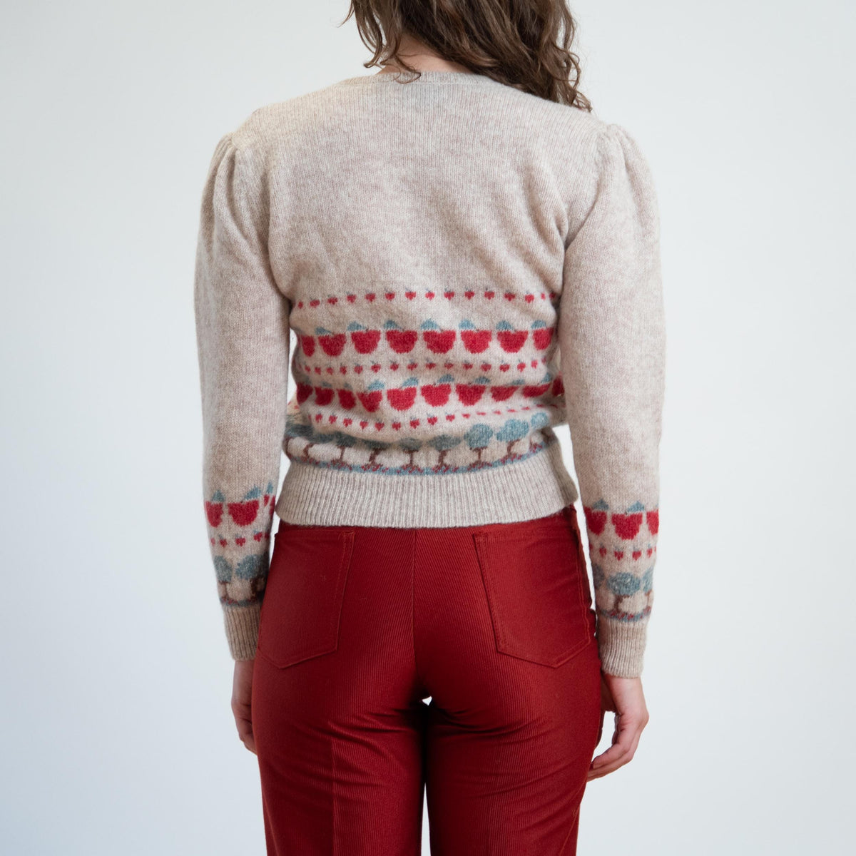 Vintage 80s Susan Bristol Apple Picking Novelty Sweater - Medium | Cottagecore Shetland Wool Pullover Jumper