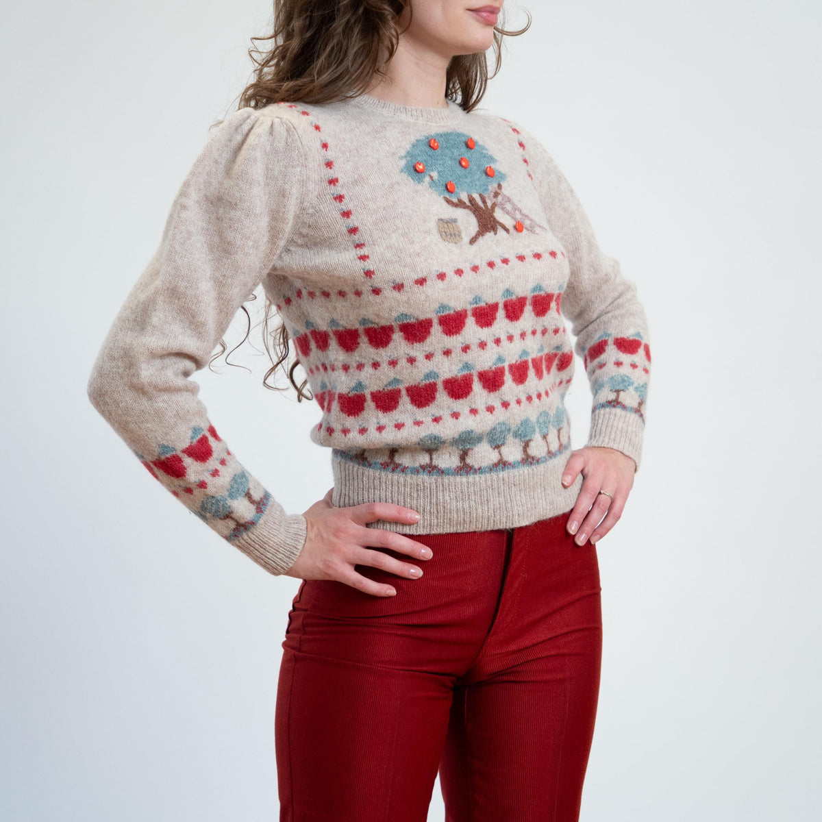 Vintage 80s Susan Bristol Apple Picking Novelty Sweater - Medium | Cottagecore Shetland Wool Pullover Jumper