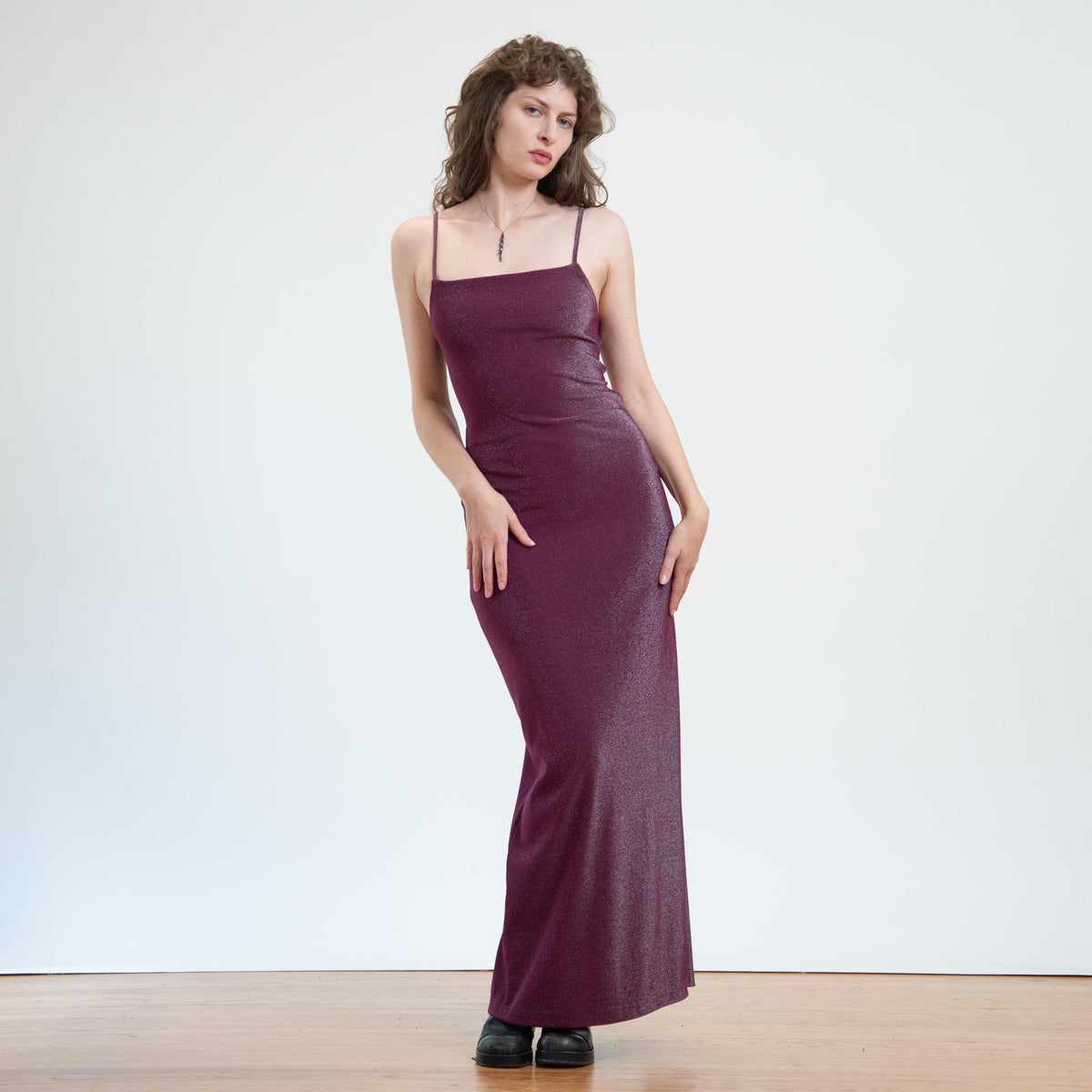 Vintage 90s Metallic Purple Strappy Backless Gown - Small | Open Back Sexy Bodycon Maxi Dress
