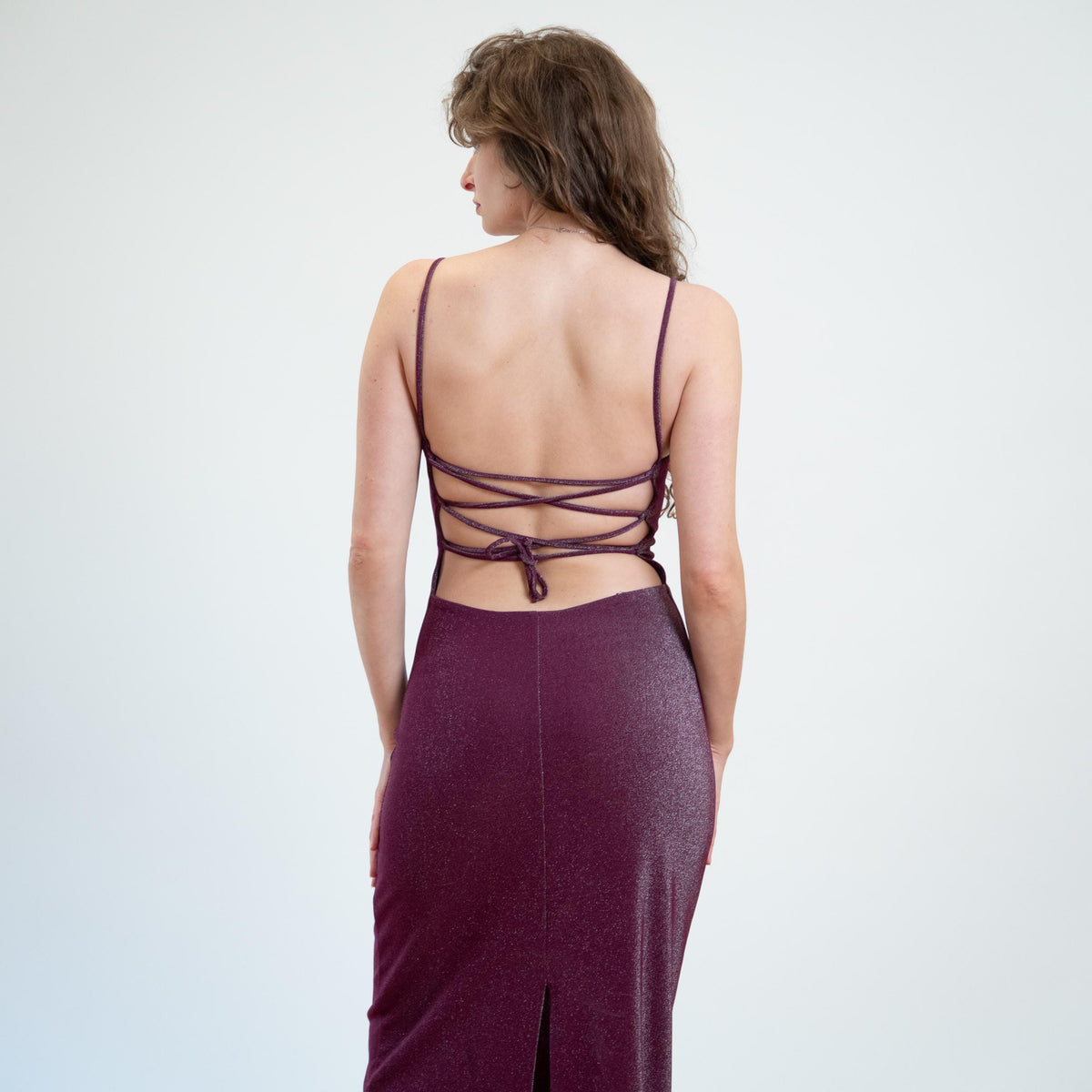 Vintage 90s Metallic Purple Strappy Backless Gown - Small | Open Back Sexy Bodycon Maxi Dress