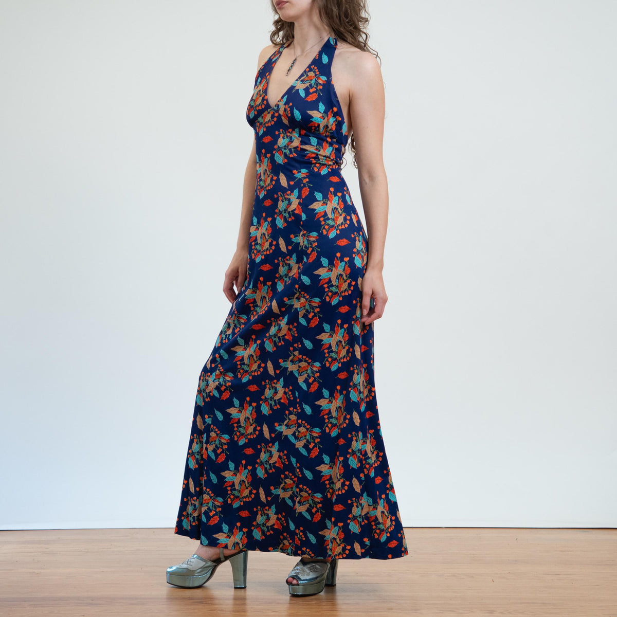 Vintage 70s Autumn Leaf Print Halter Maxi Dress - Small | Boho Low Back Disco Sundress