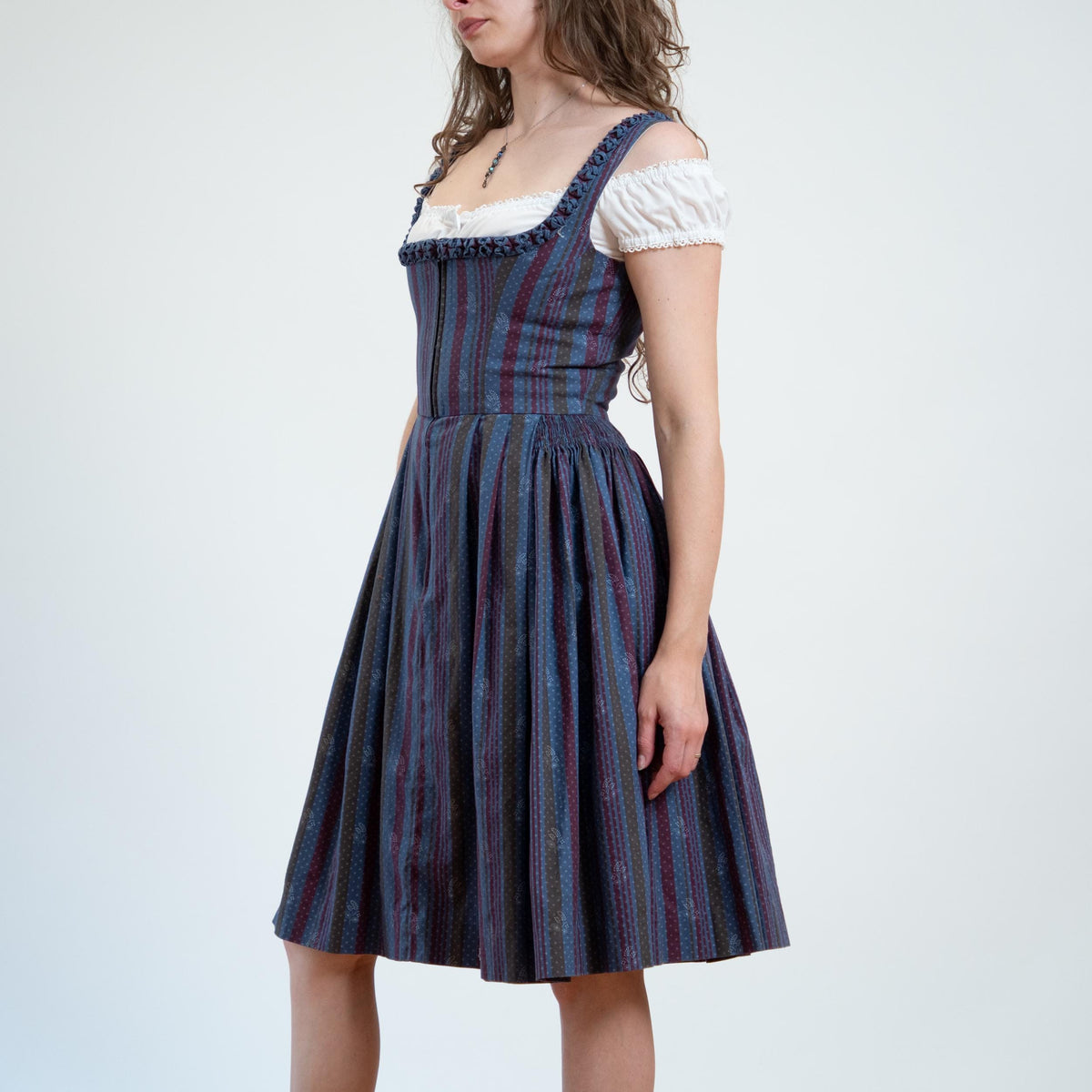 Vintage 70s Striped Dirndl Trachten Folk Dress - Small | Oktoberfest German Boho Midi Pinafore