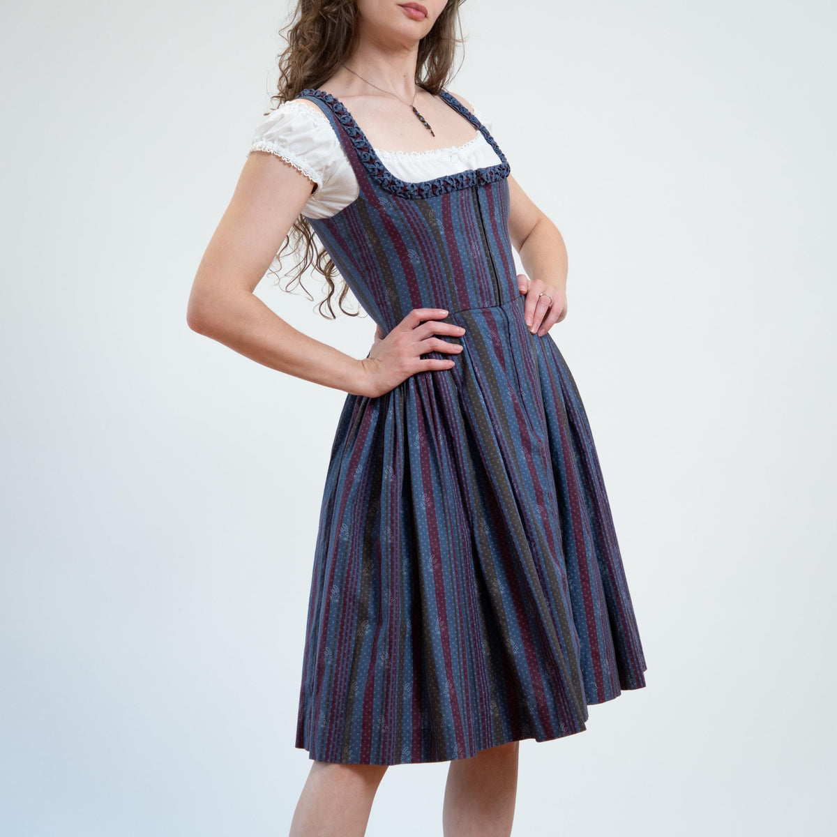 Vintage 70s Striped Dirndl Trachten Folk Dress - Small | Oktoberfest German Boho Midi Pinafore