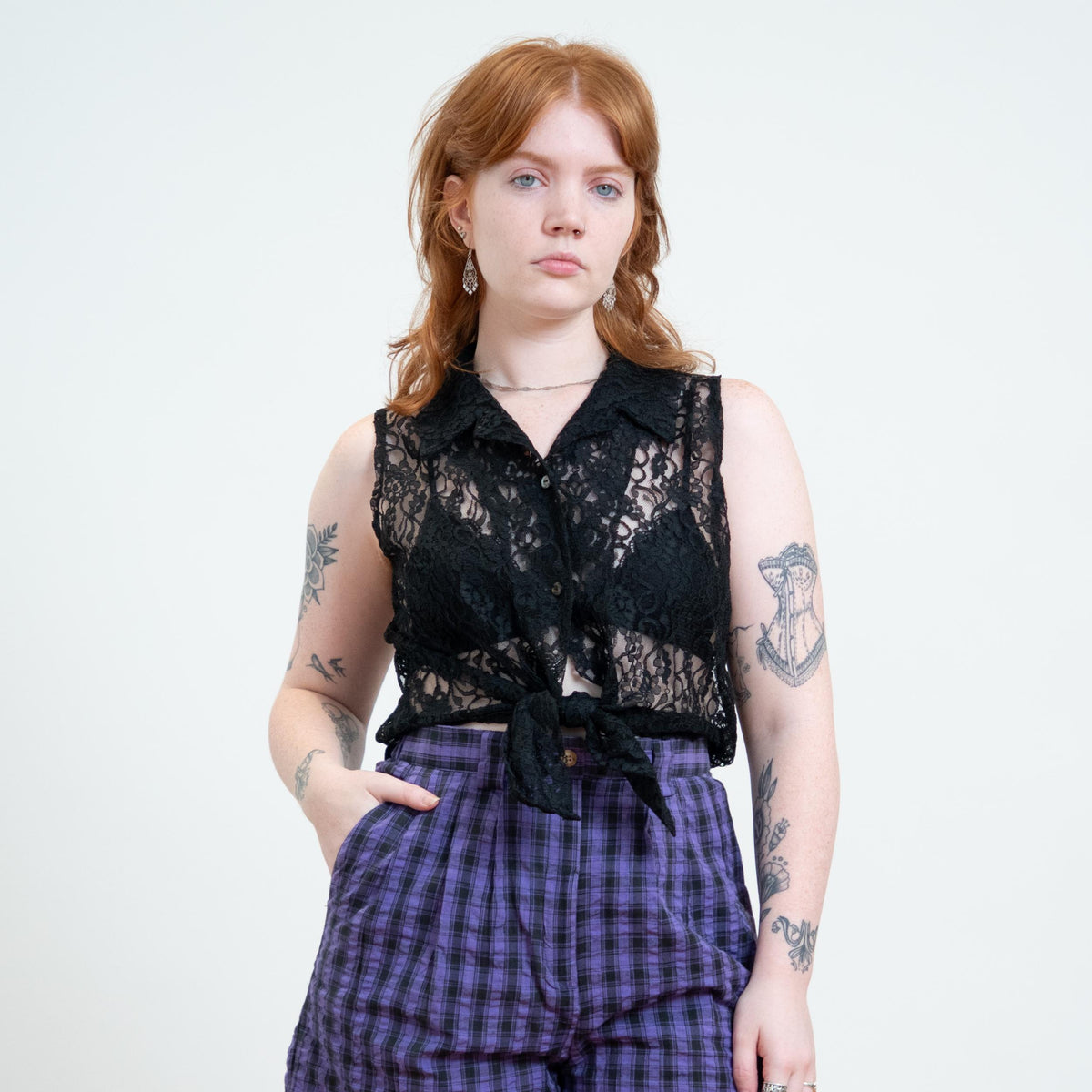Vintage 90s Black Sheer Lace Crop Top - Large | Goth Cropped Tie Front Blouse