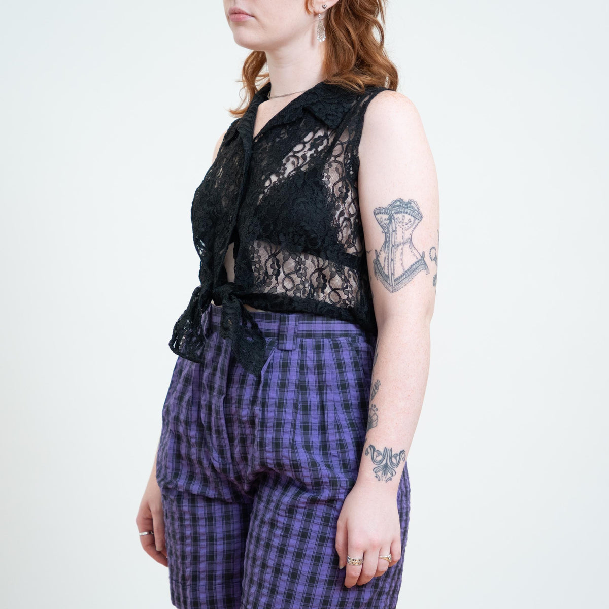 Vintage 90s Black Sheer Lace Crop Top - Large | Goth Cropped Tie Front Blouse